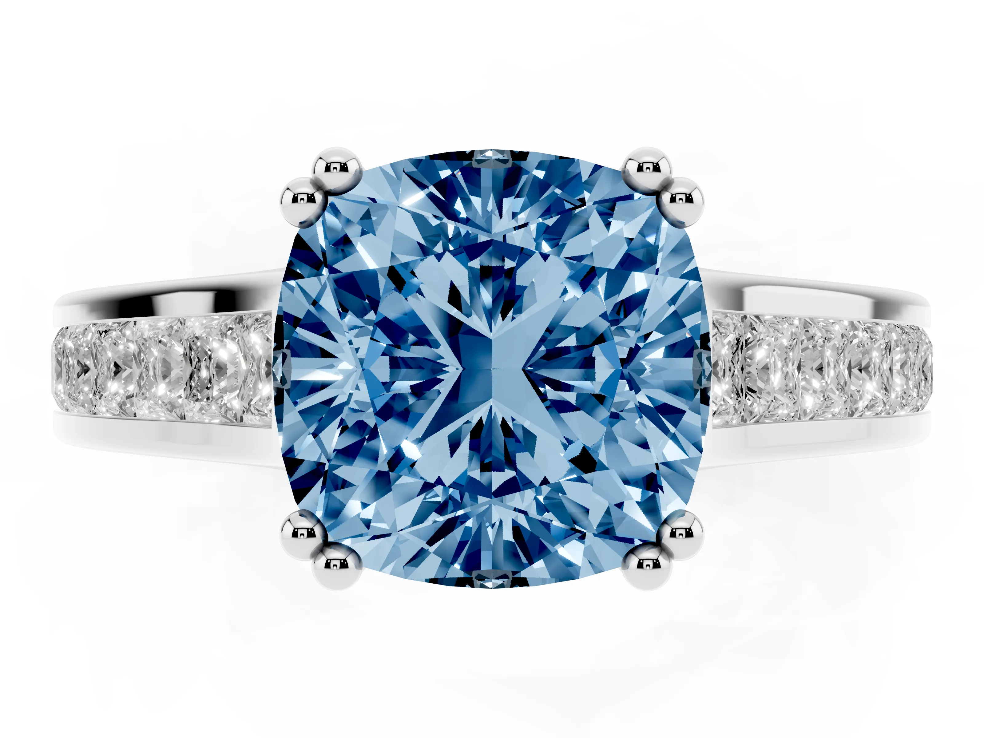 Fancy Blue Cushion Cut Diamond Channel Set Solitaire Engagement Ring Set in Platinum with Prong Setting