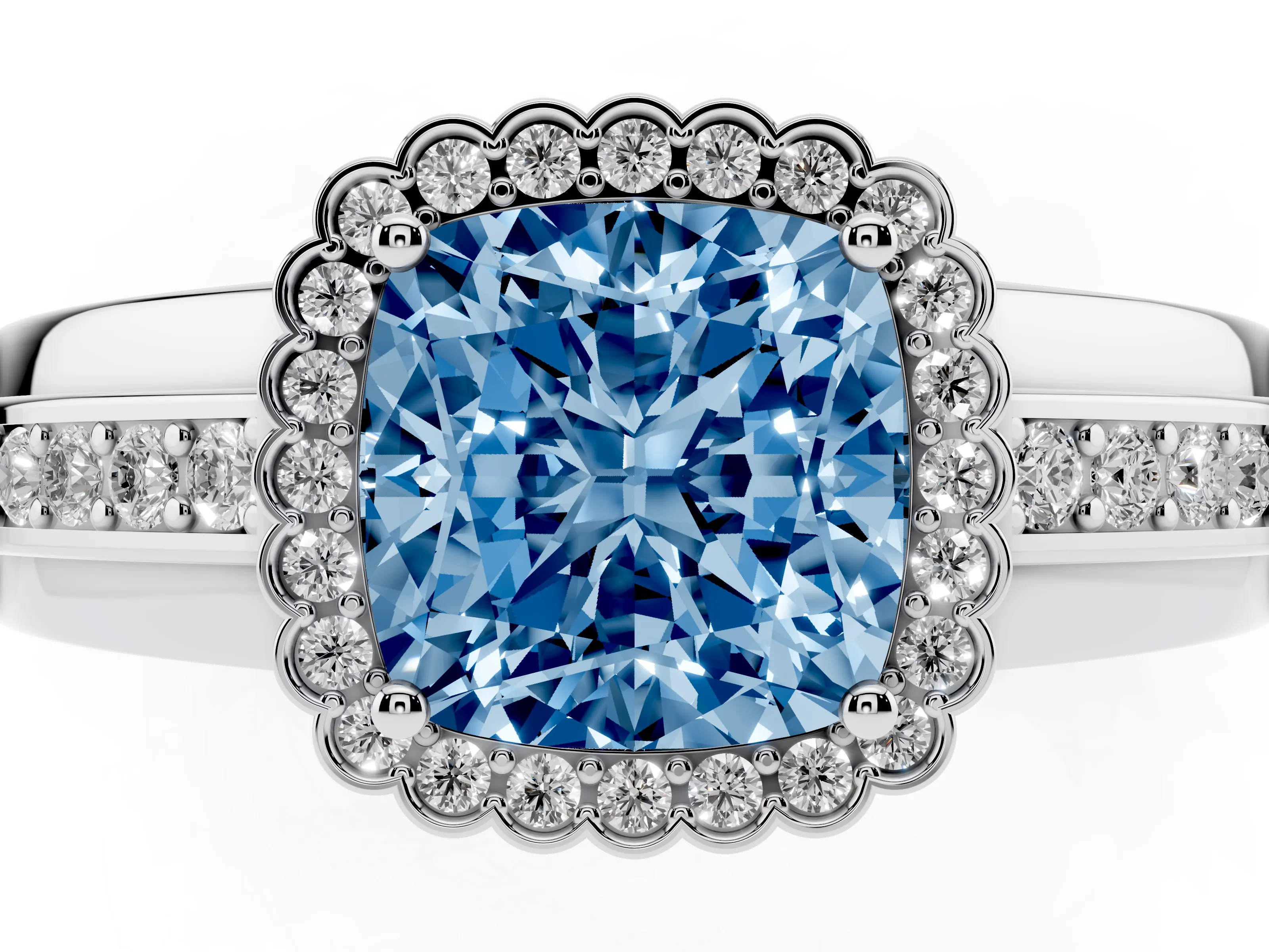 Fancy Blue Cushion Cut Diamond Halo Prong Ring Set in Silver with Pavé Band