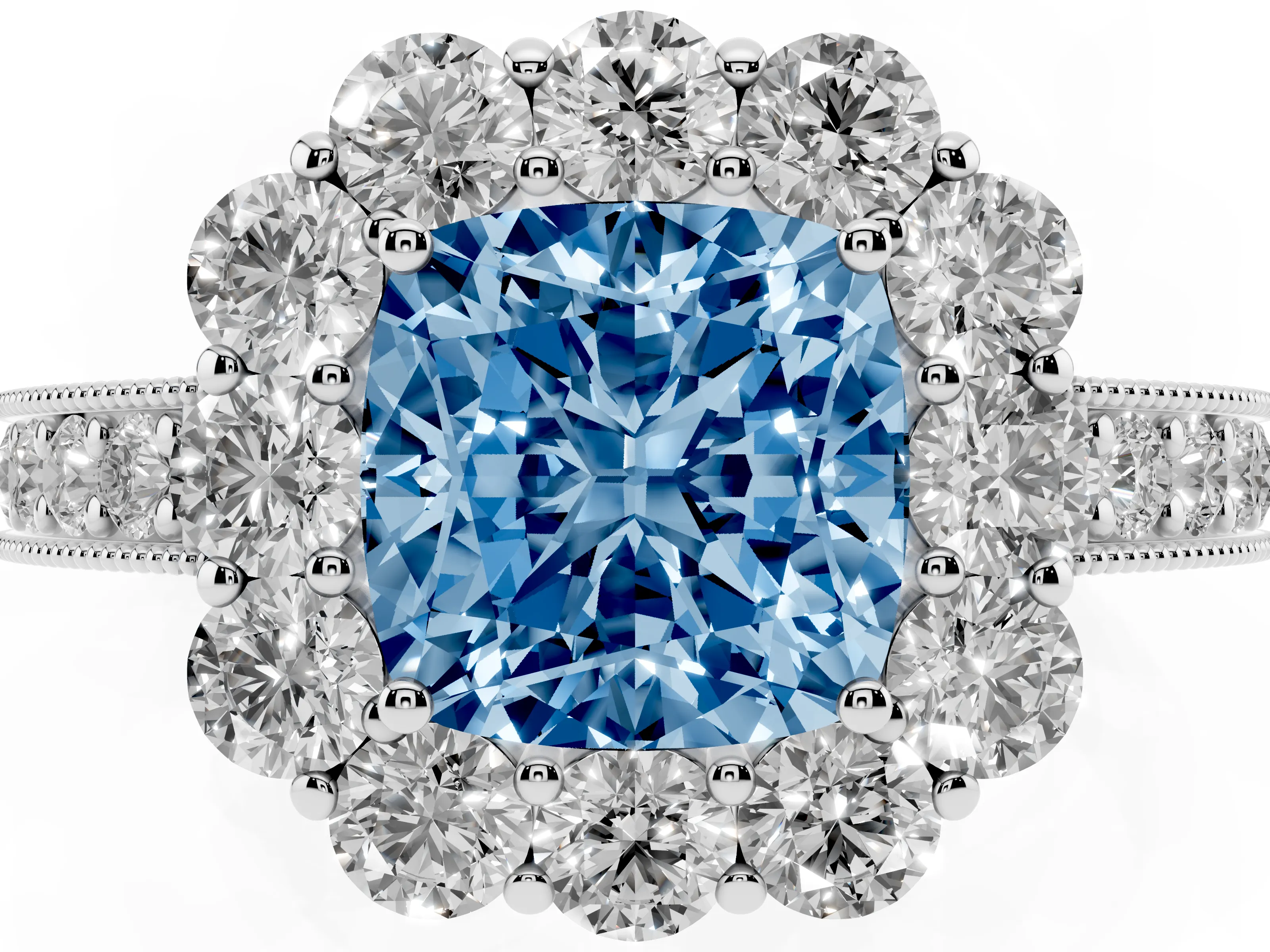 Fancy Blue Cushion Cut Diamond Halo Pavé Engagement Ring Set in White gold with Milgrain Detailing