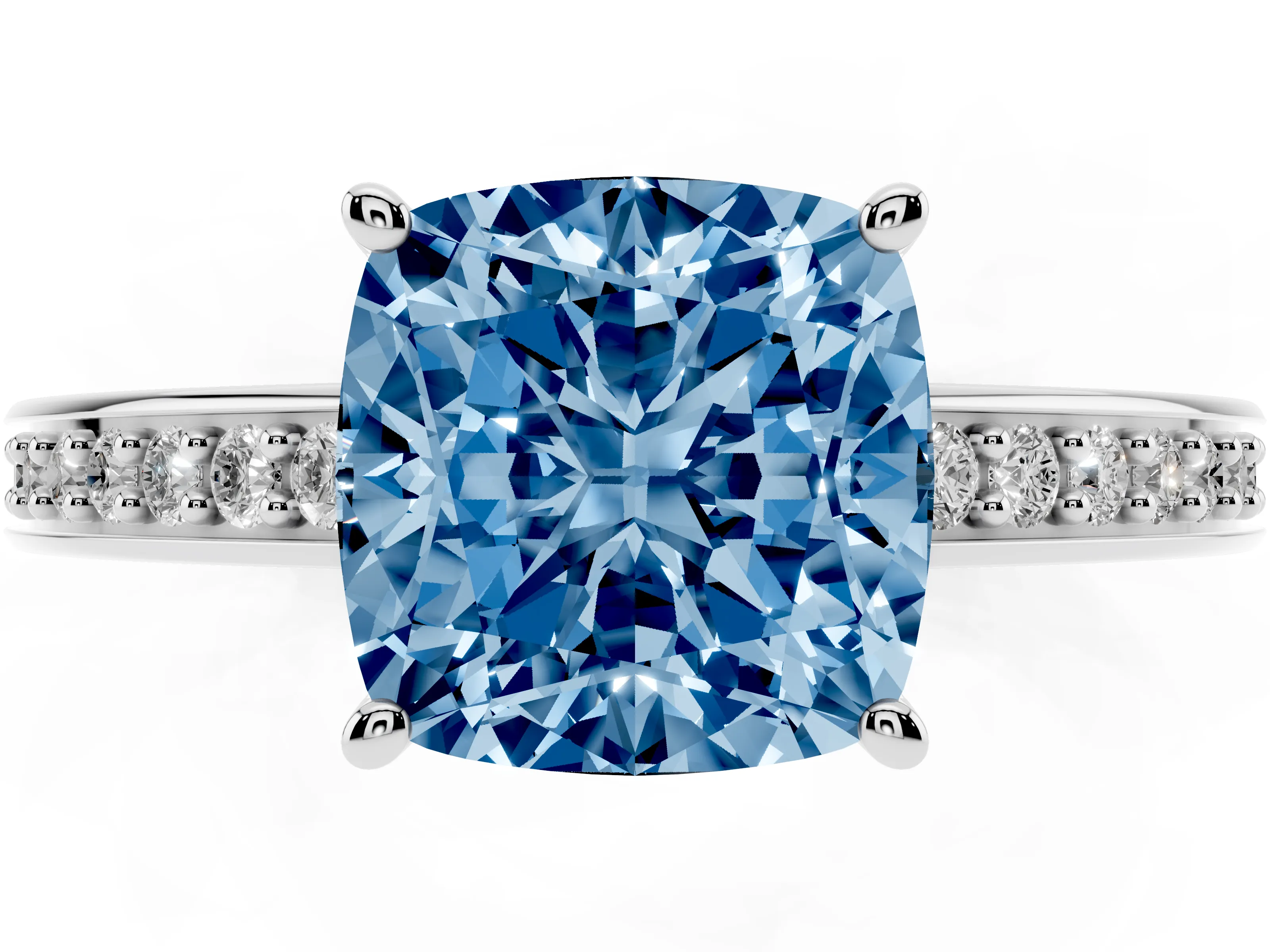 Fancy Blue Cushion Cut Diamond Pavé Band Prong Set Solitaire Ring Set in White gold