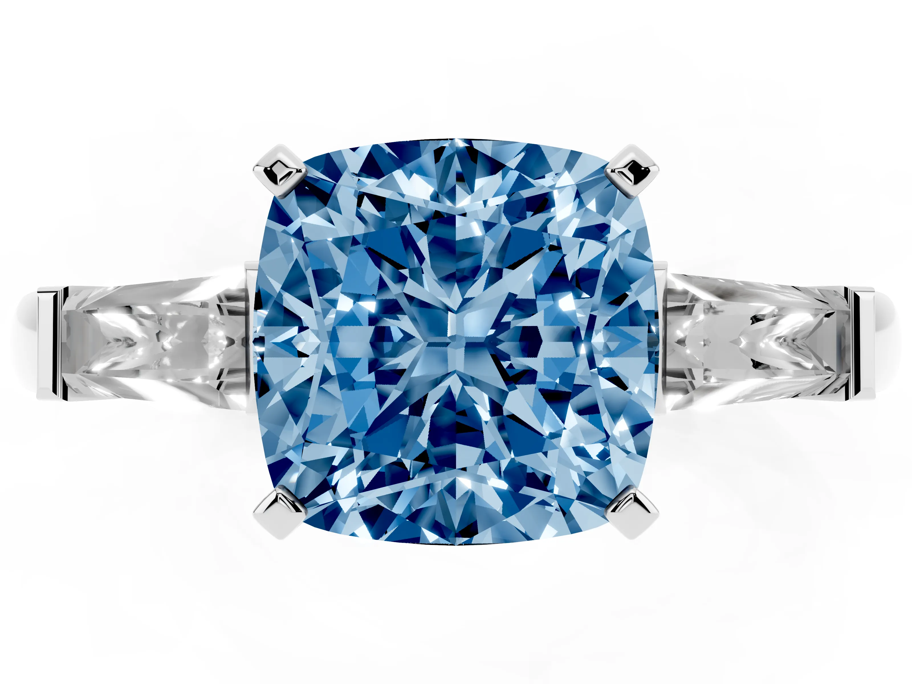 Fancy Blue Cushion Cut Diamond Solitaire Ring Set in White gold with Tapered Baguette Side Stones and Prong Setting