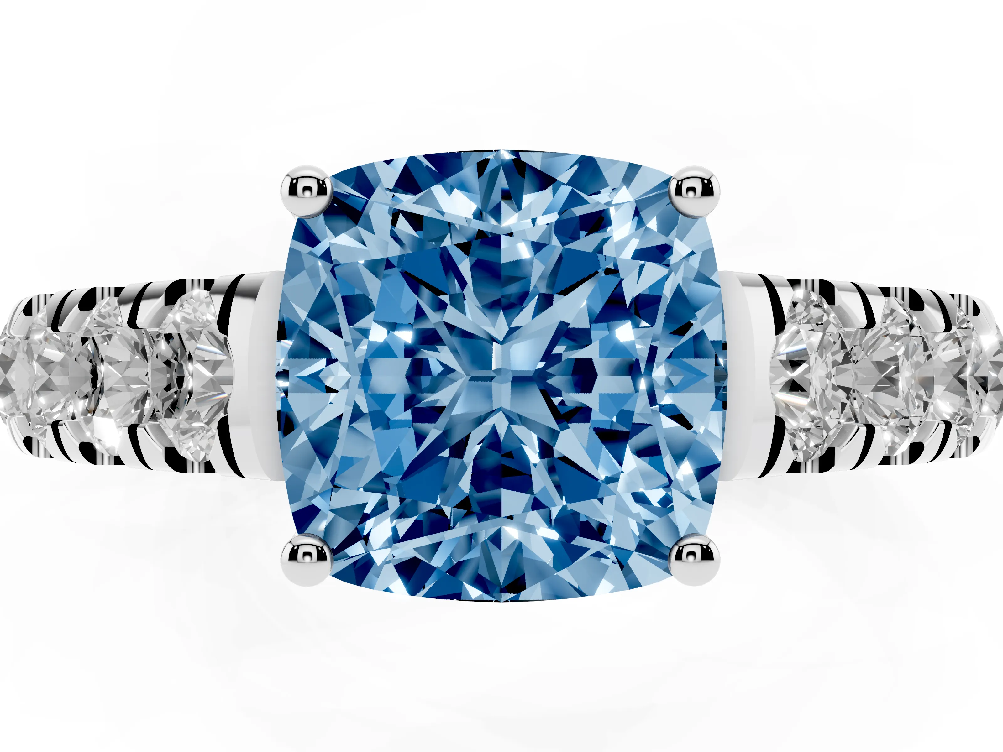 Fancy Blue Cushion Cut Diamond Solitaire Ring Set in Platinum with Cut-Down Micro Pavé Band and Prong Setting