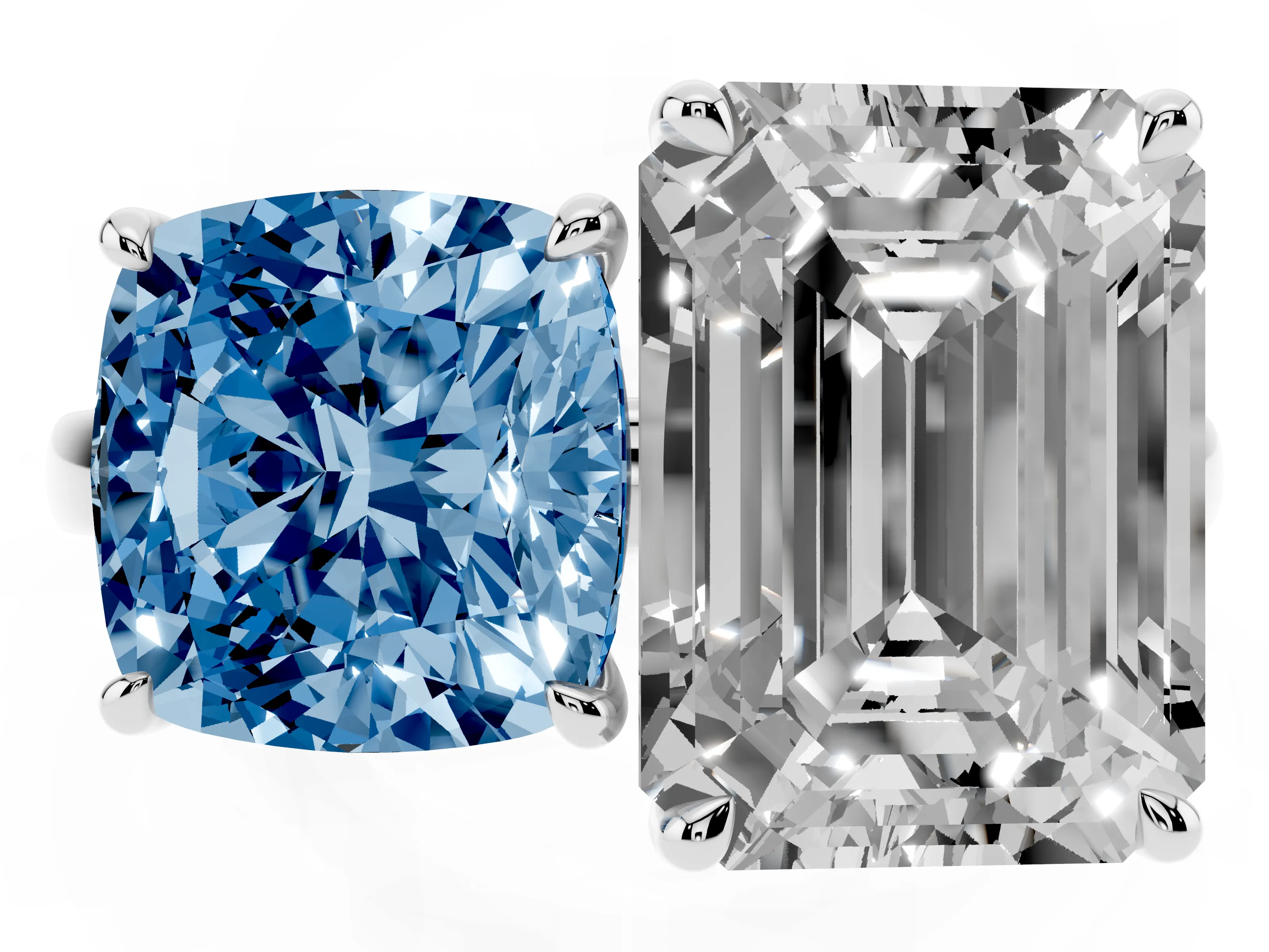 Fancy Blue Cushion Cut and Emerald Cut Toi Moi Ring Set in Platinum with Prong Setting