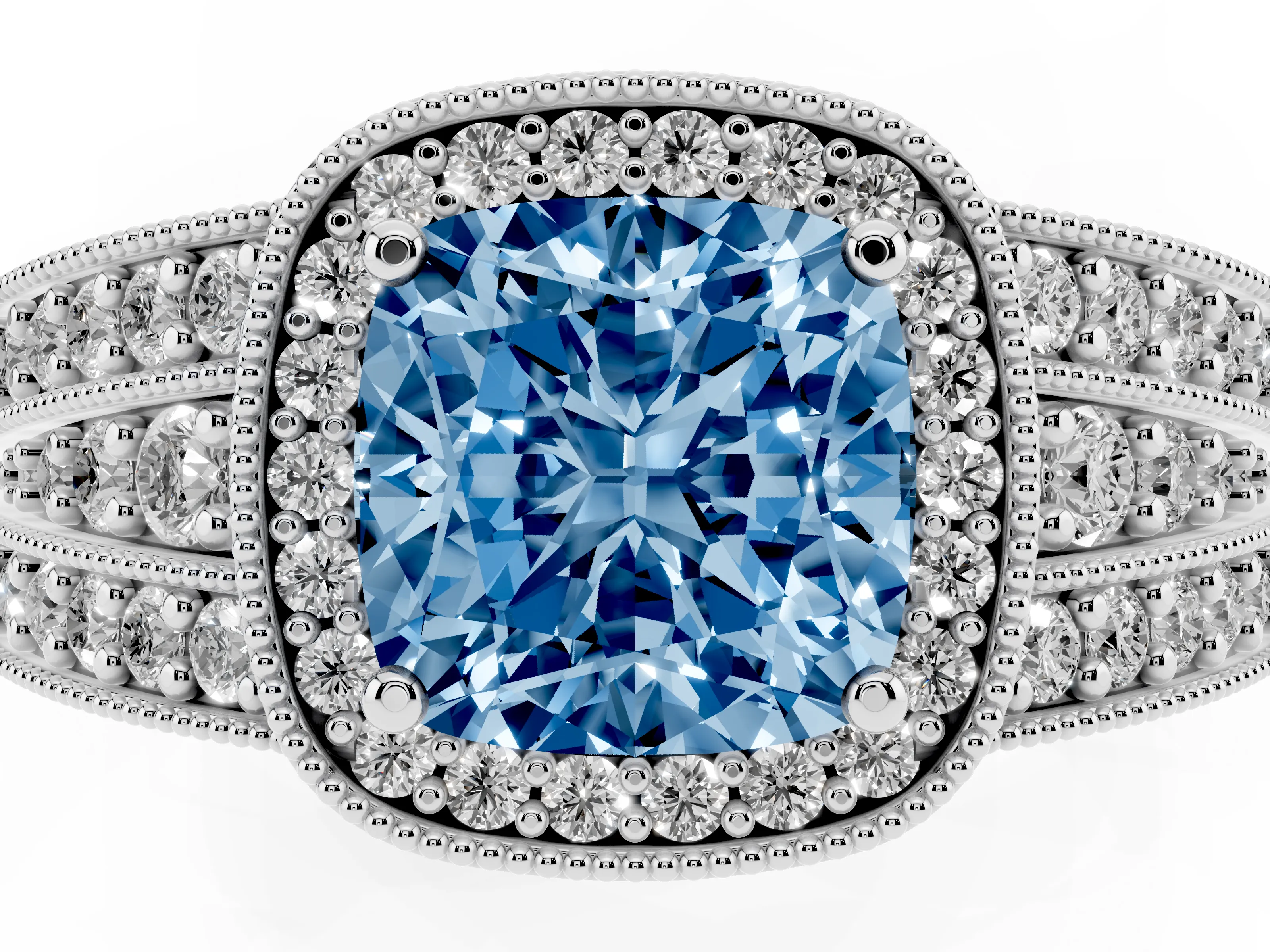 Fancy Blue Cushion Cut Diamond Halo Ring Set in Platinum with Accent Split Shank and Prong Setting