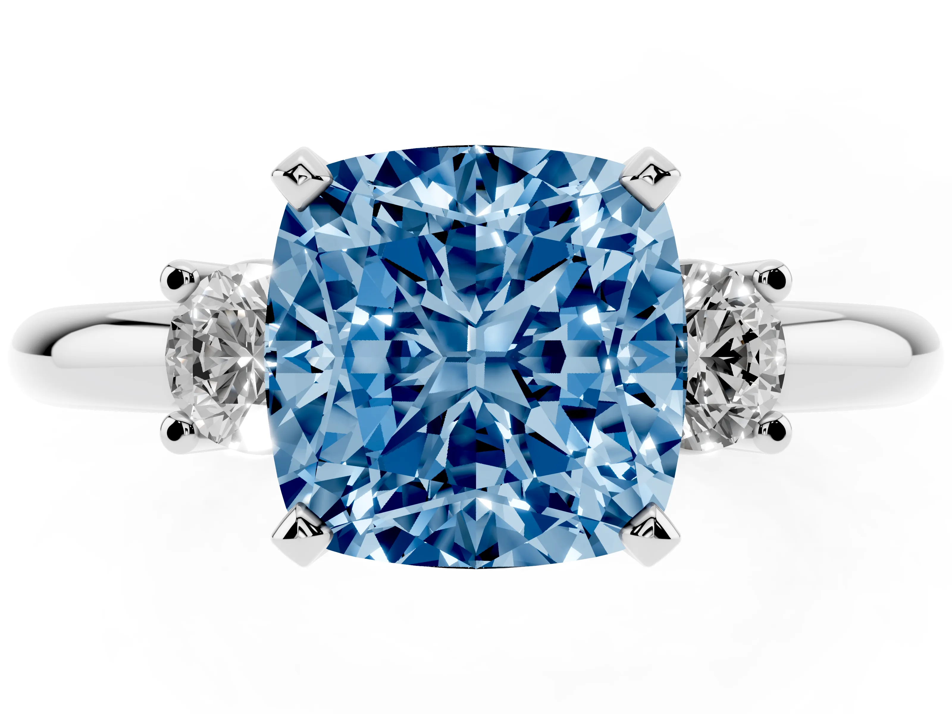 Fancy Blue Three-Stone Cushion Cut Diamond Ring Set in Silver with Prong Setting and Plain Band