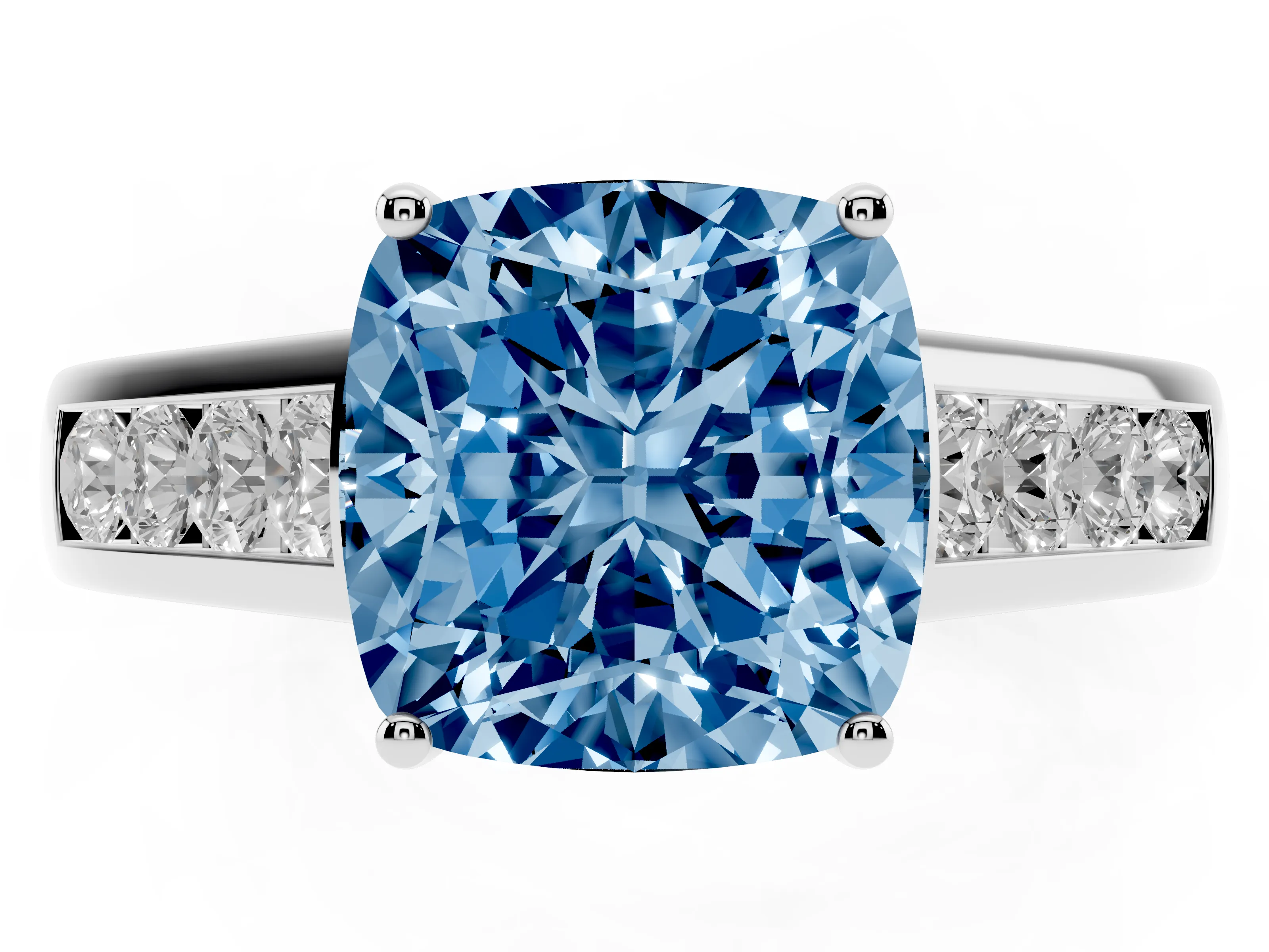 Fancy Blue Cushion Cut Diamond Brilliant Channel-Set Solitaire Ring Set in White gold with Prong Setting