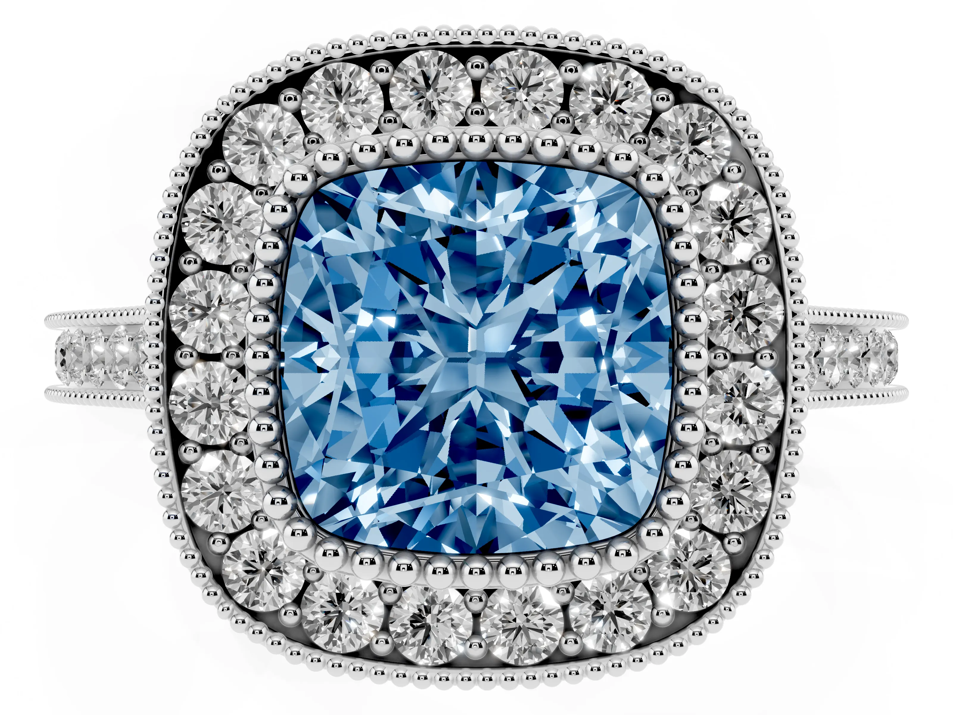 Fancy Blue Cushion Cut Diamond Halo Ring Set in Platinum with Milgrain Frame and Pavé Band