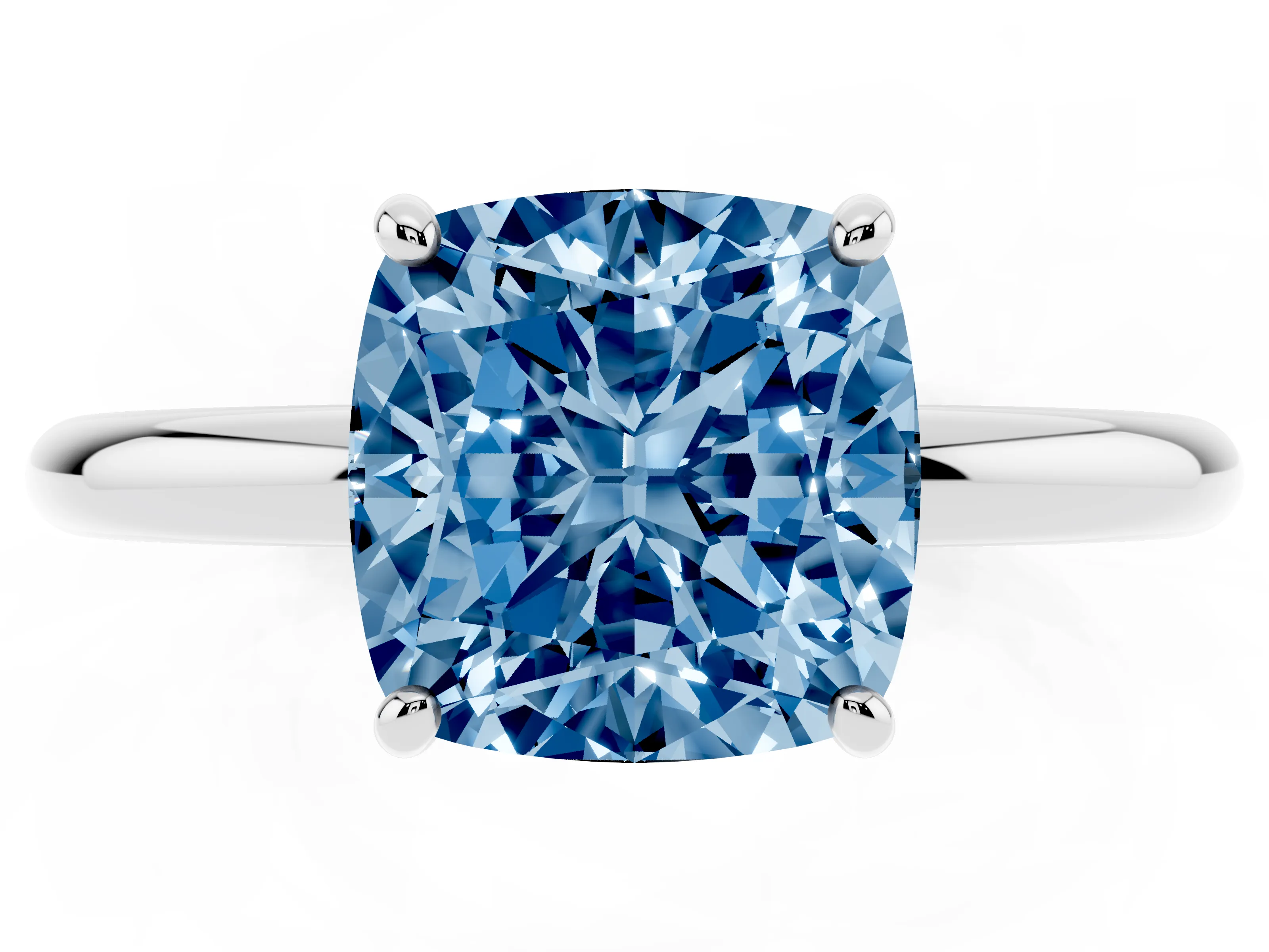 Fancy Blue Cushion Cut Diamond Solitaire Ring Set in Silver with Prong Setting on a Polished Plain Band
