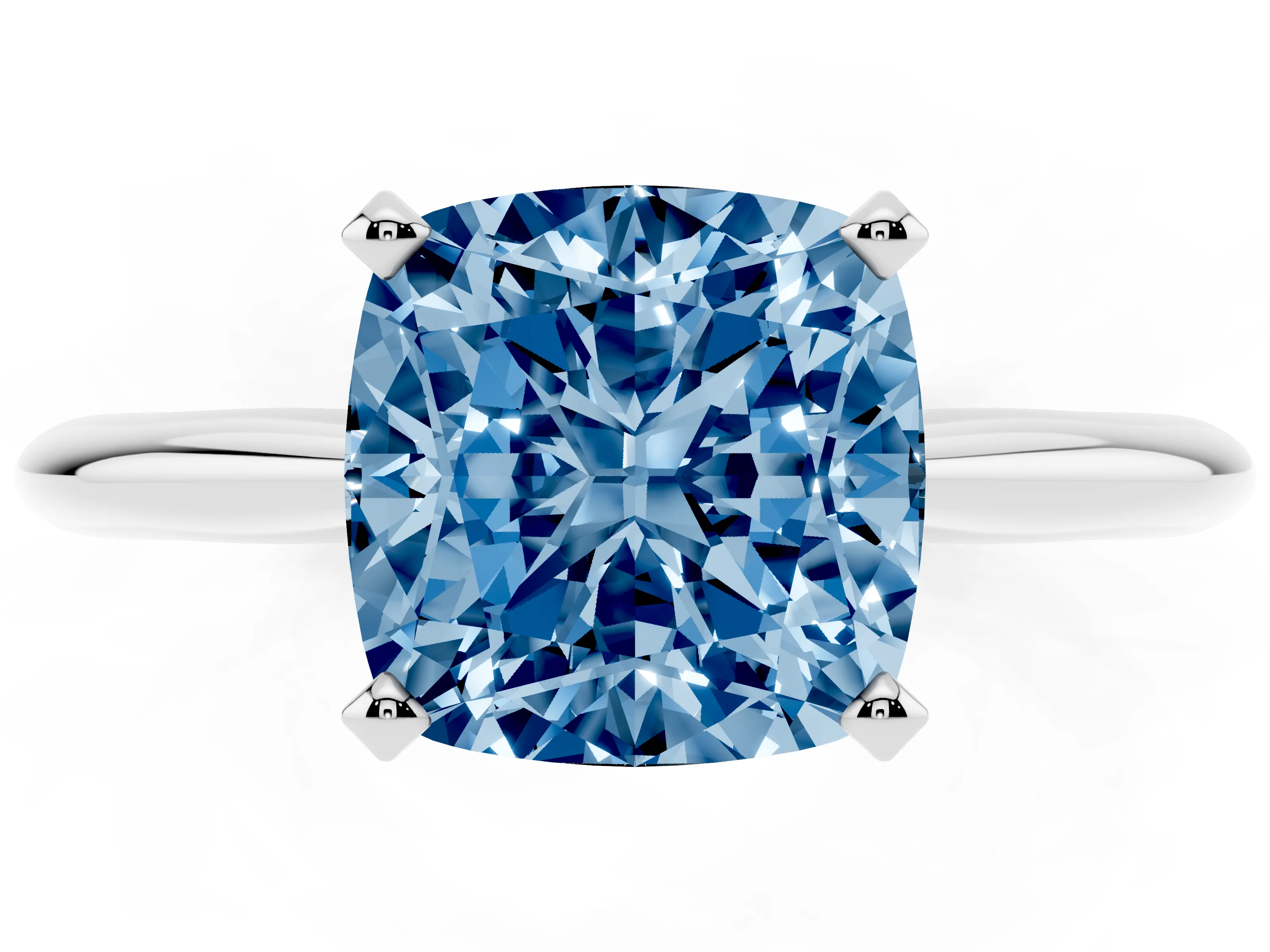 Fancy Blue Cushion Cut Diamond Solitaire Ring Set in Platinum with Prong Setting on a Plain Round Band