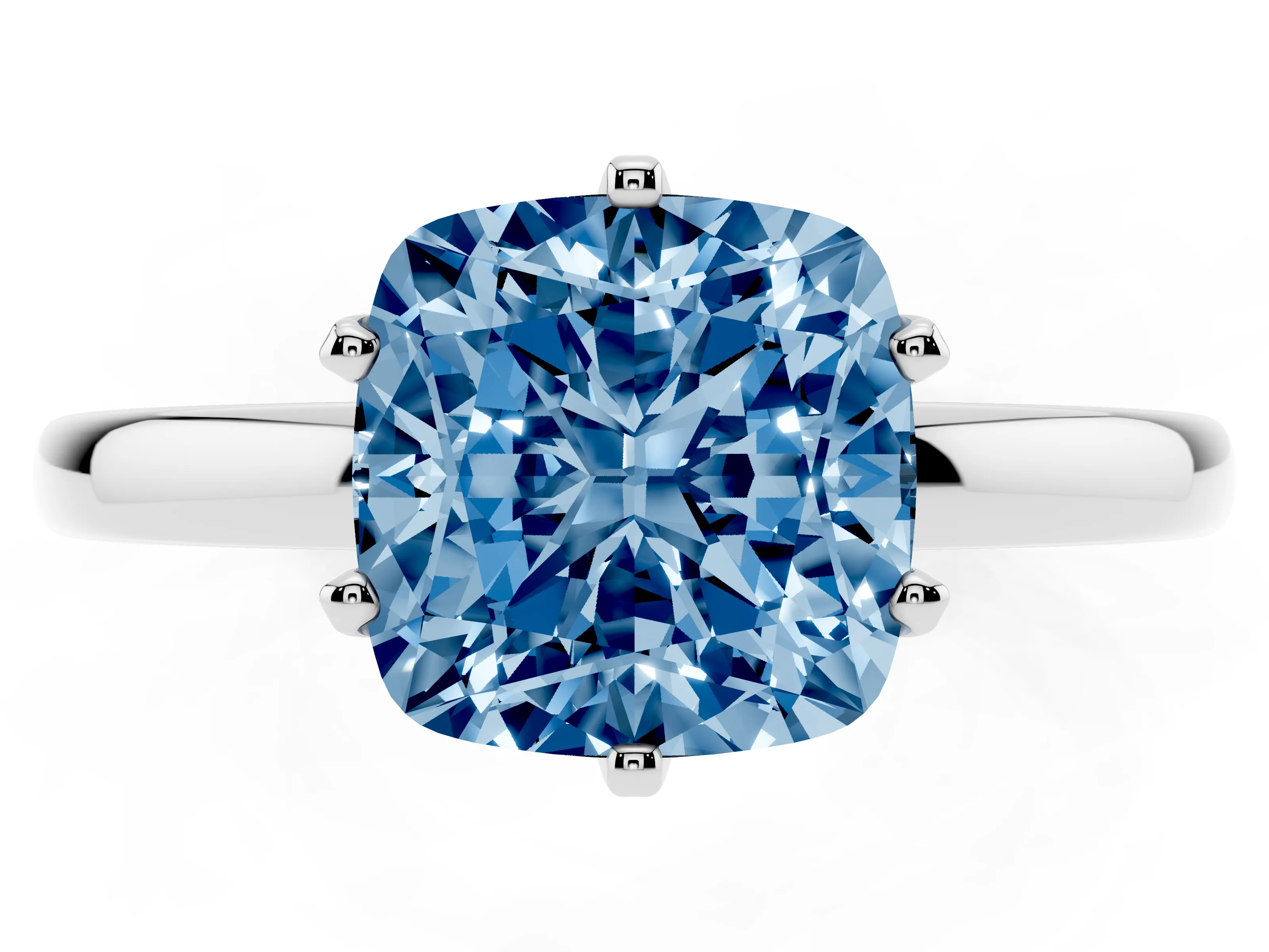 Fancy Blue Cushion Cut Diamond Solitaire Ring Set in Silver with Raised Prong Setting on a Classic Band