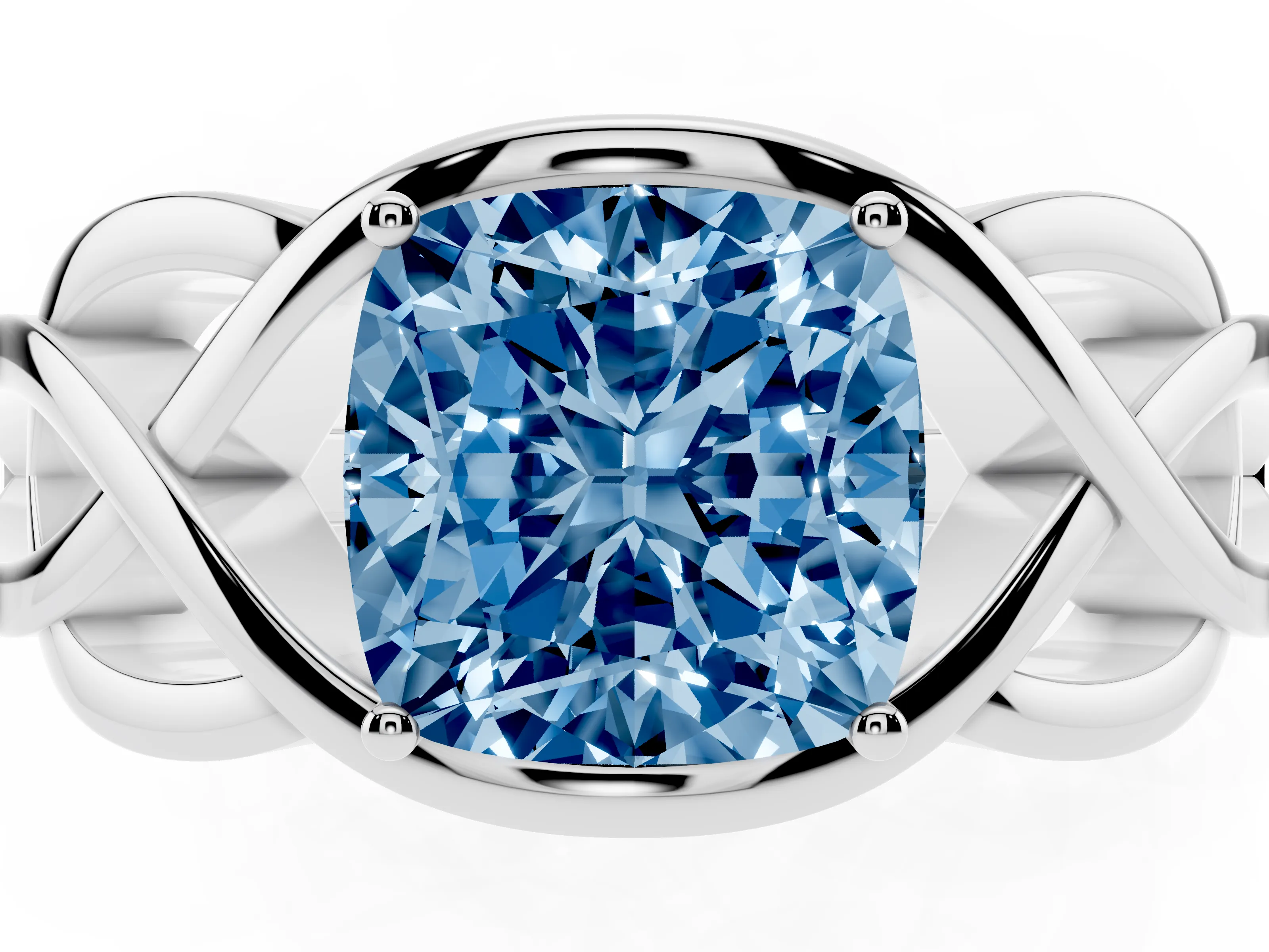 Fancy Blue Cushion Cut Diamond Solitaire Ring Set in Silver with Intertwined Band