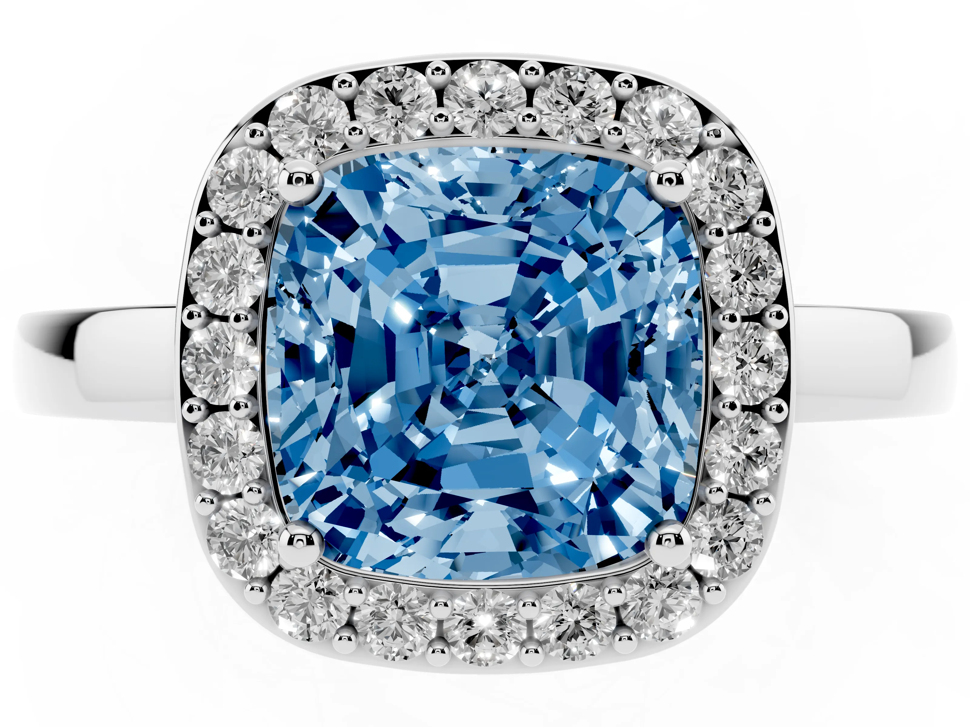 Fancy Blue Cushion Cut Diamond Halo Ring Set in Platinum with Solitaire Band and Prong Setting