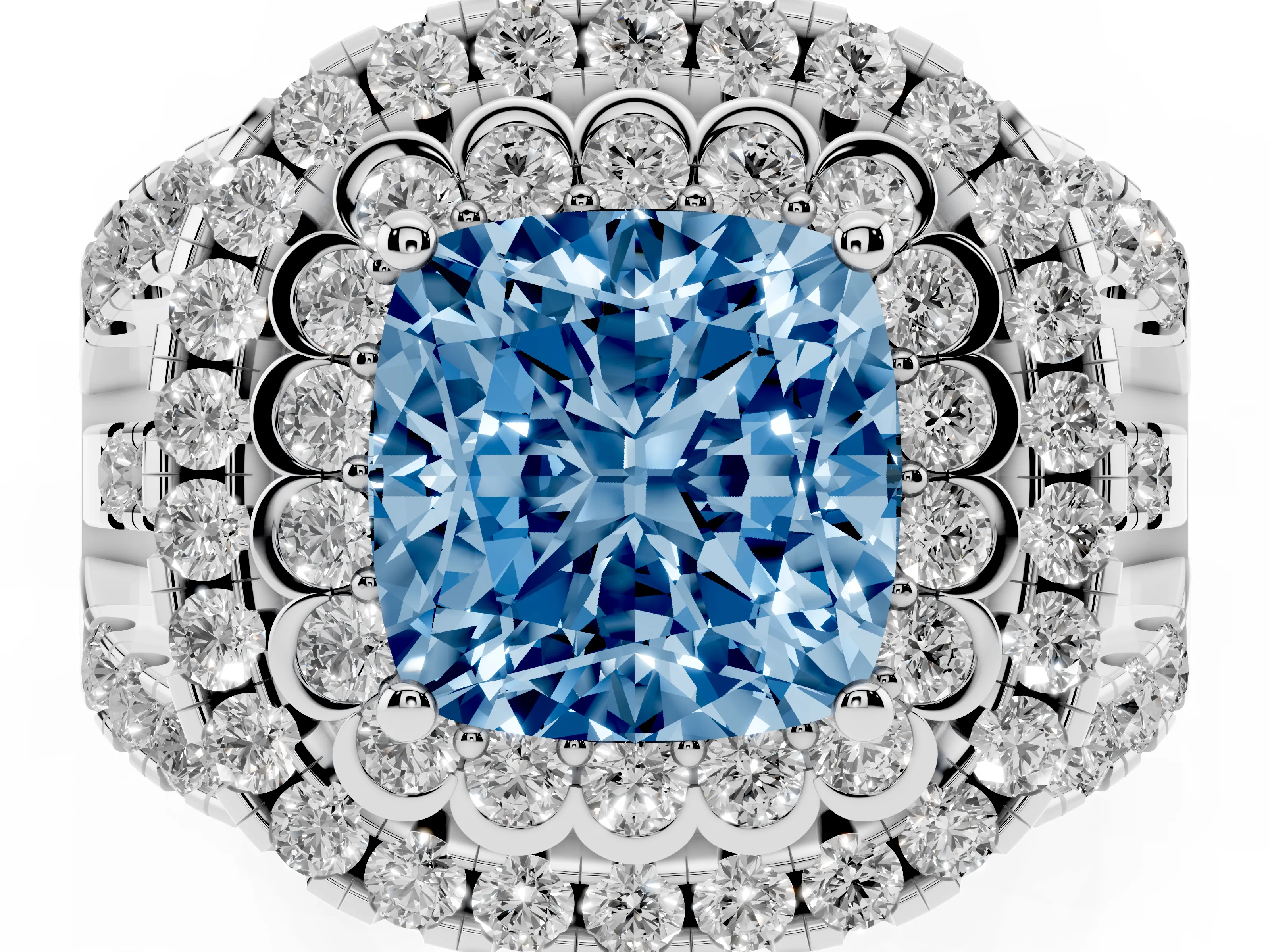 Fancy Blue Cushion Cut Diamond Double Halo Ring Set in Silver with Round Pavé Split Shank