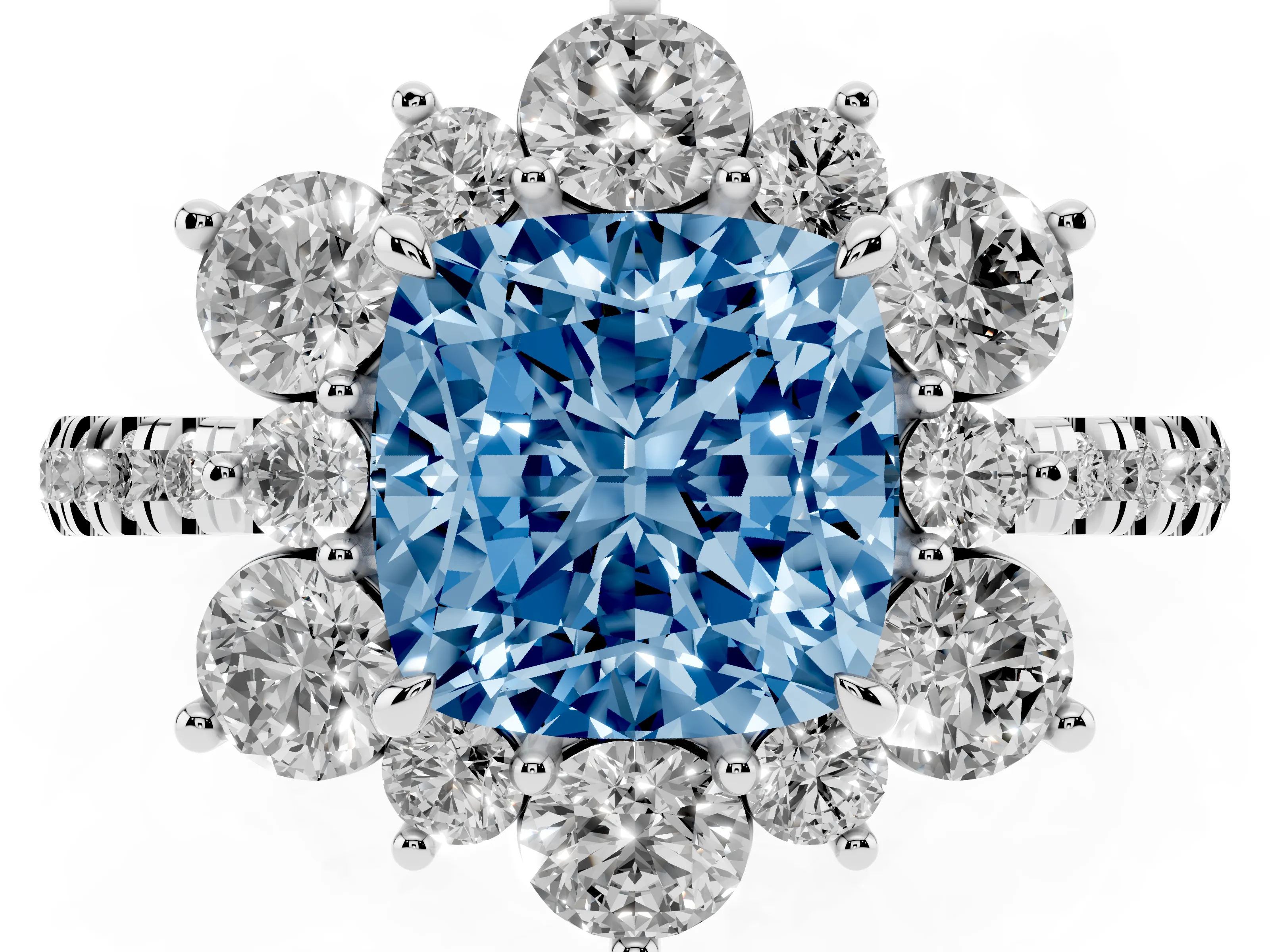 Fancy Blue Cushion Cut Diamond Floral Halo Ring Set in Silver with Round Pavé Band and Prong Setting