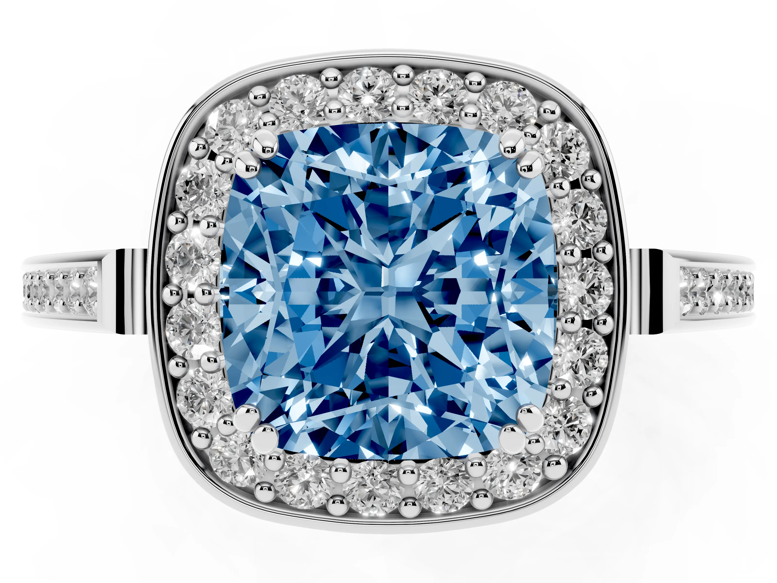 Fancy Blue Cushion Cut Diamond Halo Ring Set in Platinum with Accent-Lined Split Shank and Prong Setting