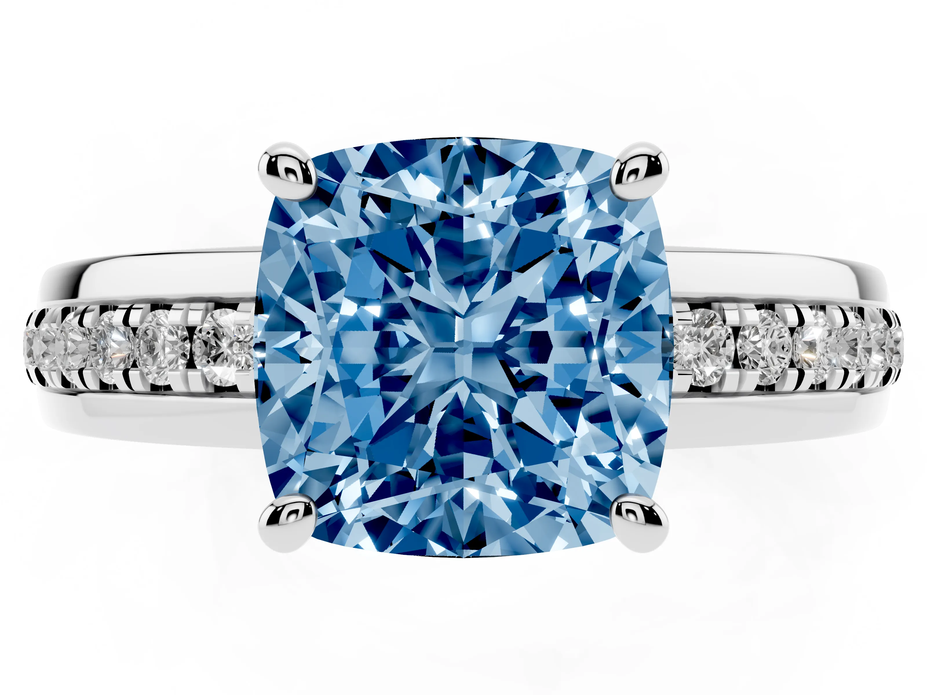 Fancy Blue Cushion Cut Diamond Solitaire Ring Set in Platinum with Channel Set Band and Prong Setting