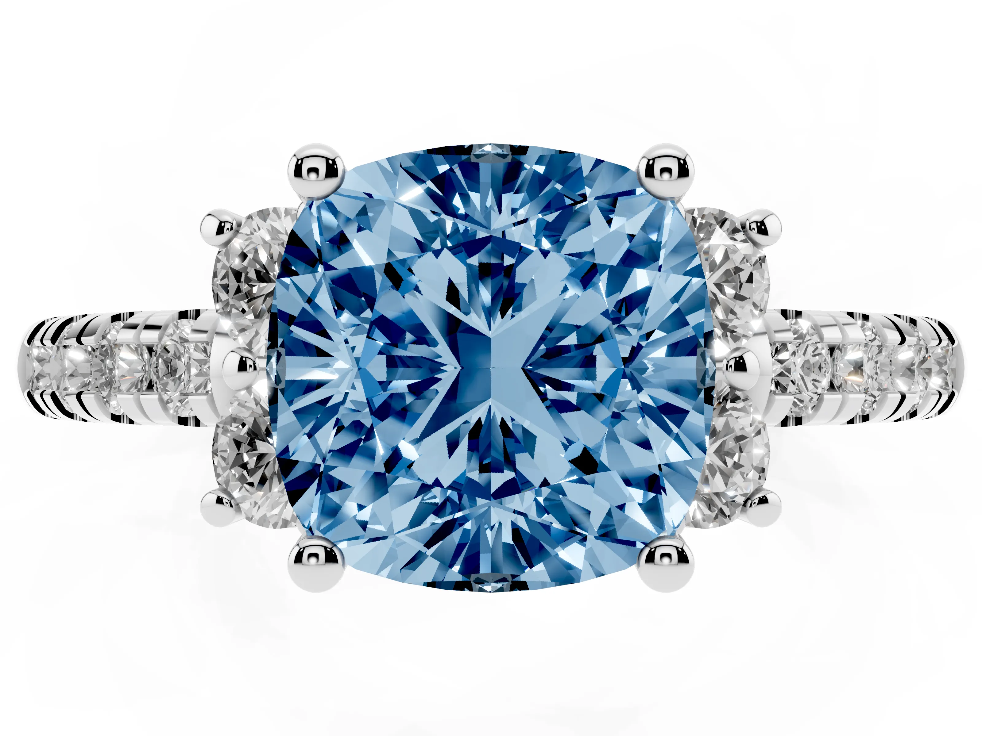 Fancy Blue Cushion Cut Diamond Three-Stone Pavé Ring Set in White gold with Prong Setting