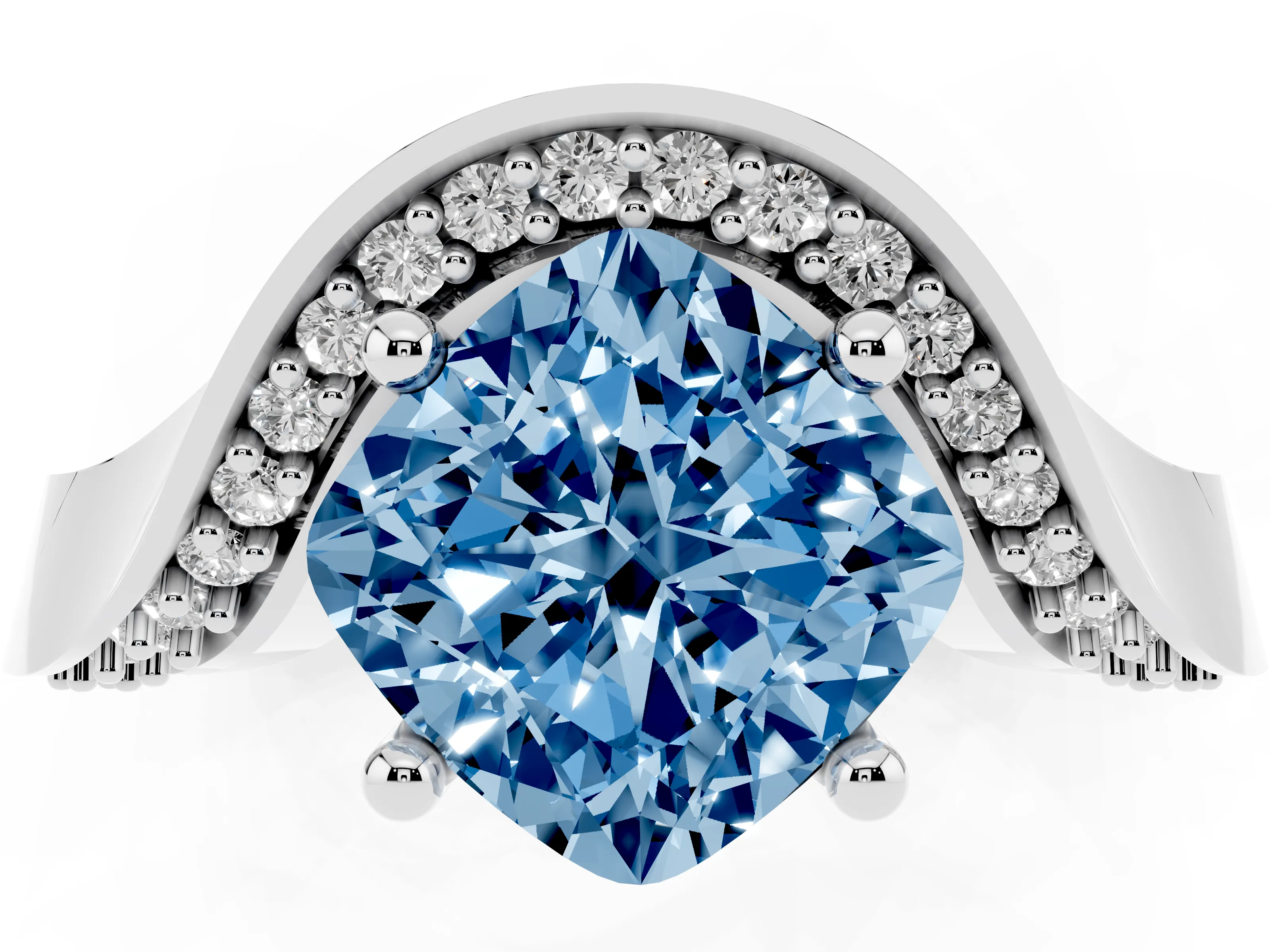 Fancy Blue Cushion Cut Diamond Solitaire Engagement Ring Set in White gold with Pavé Shoulders