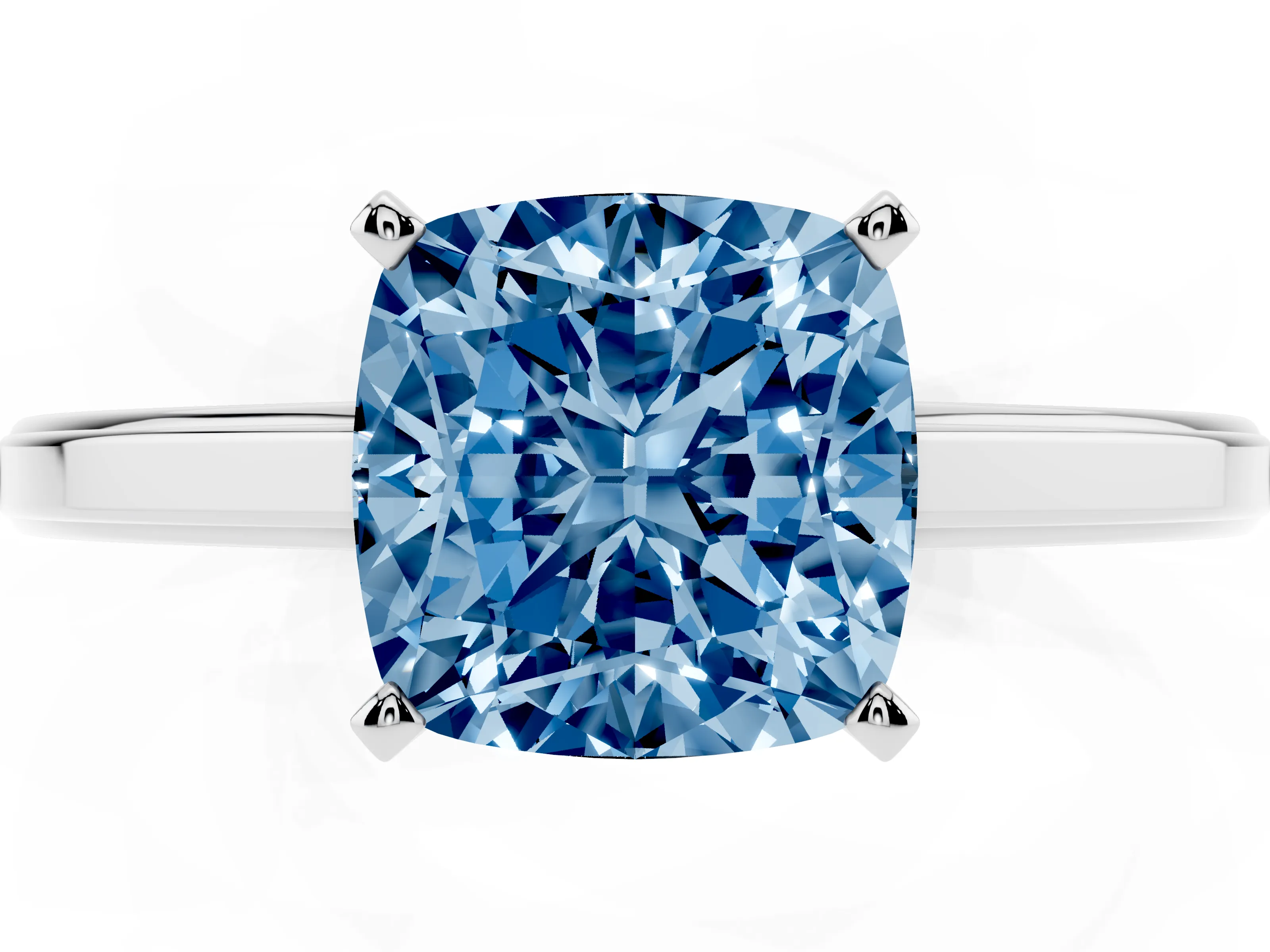 Fancy Blue Cushion Cut Diamond Solitaire Ring Set in Platinum with Prong Setting and Classic Band