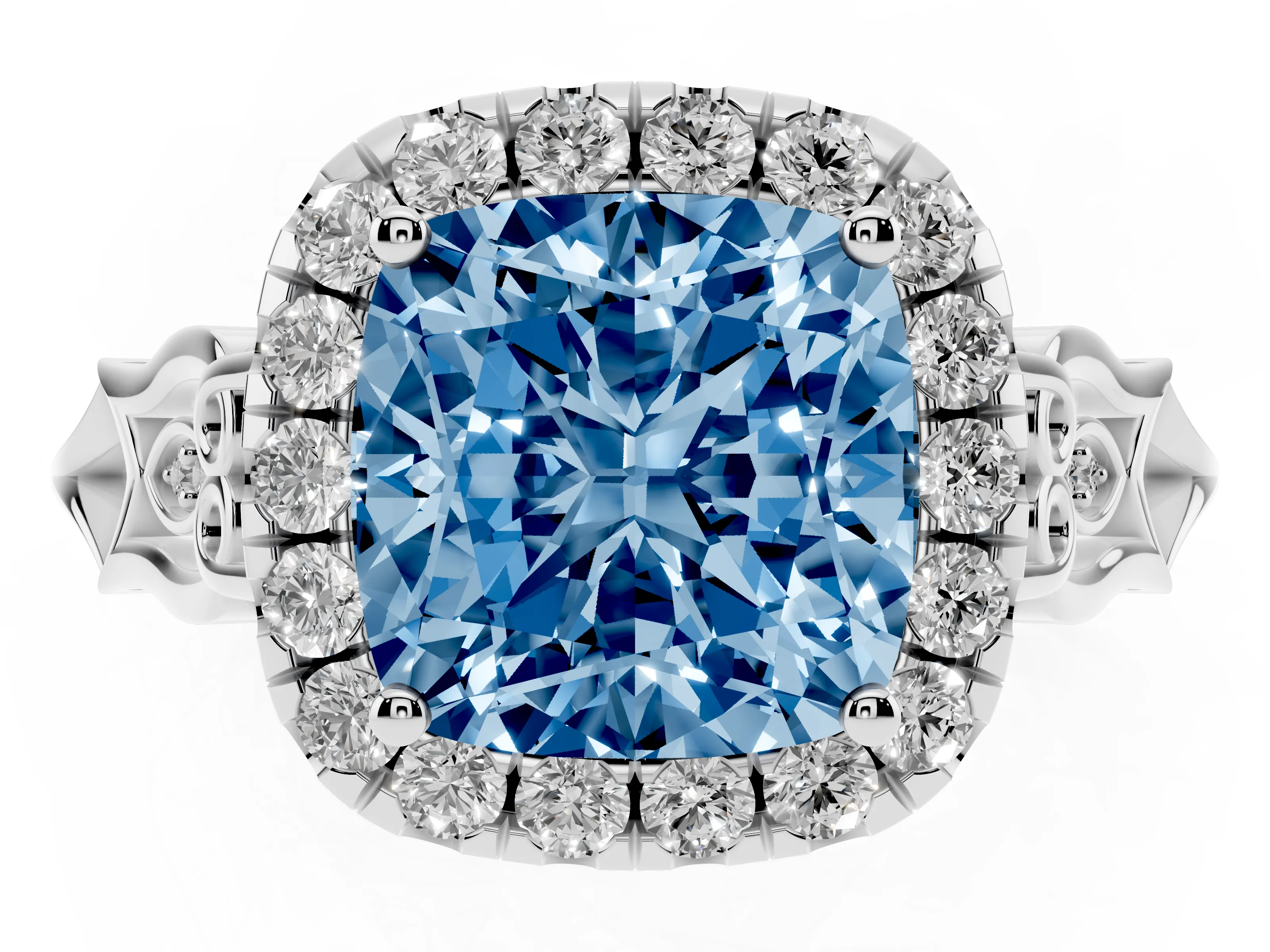 Fancy Blue Cushion Cut Diamond Halo Engagement Ring Set in Platinum with Filigree Band and Prong-Set Center
