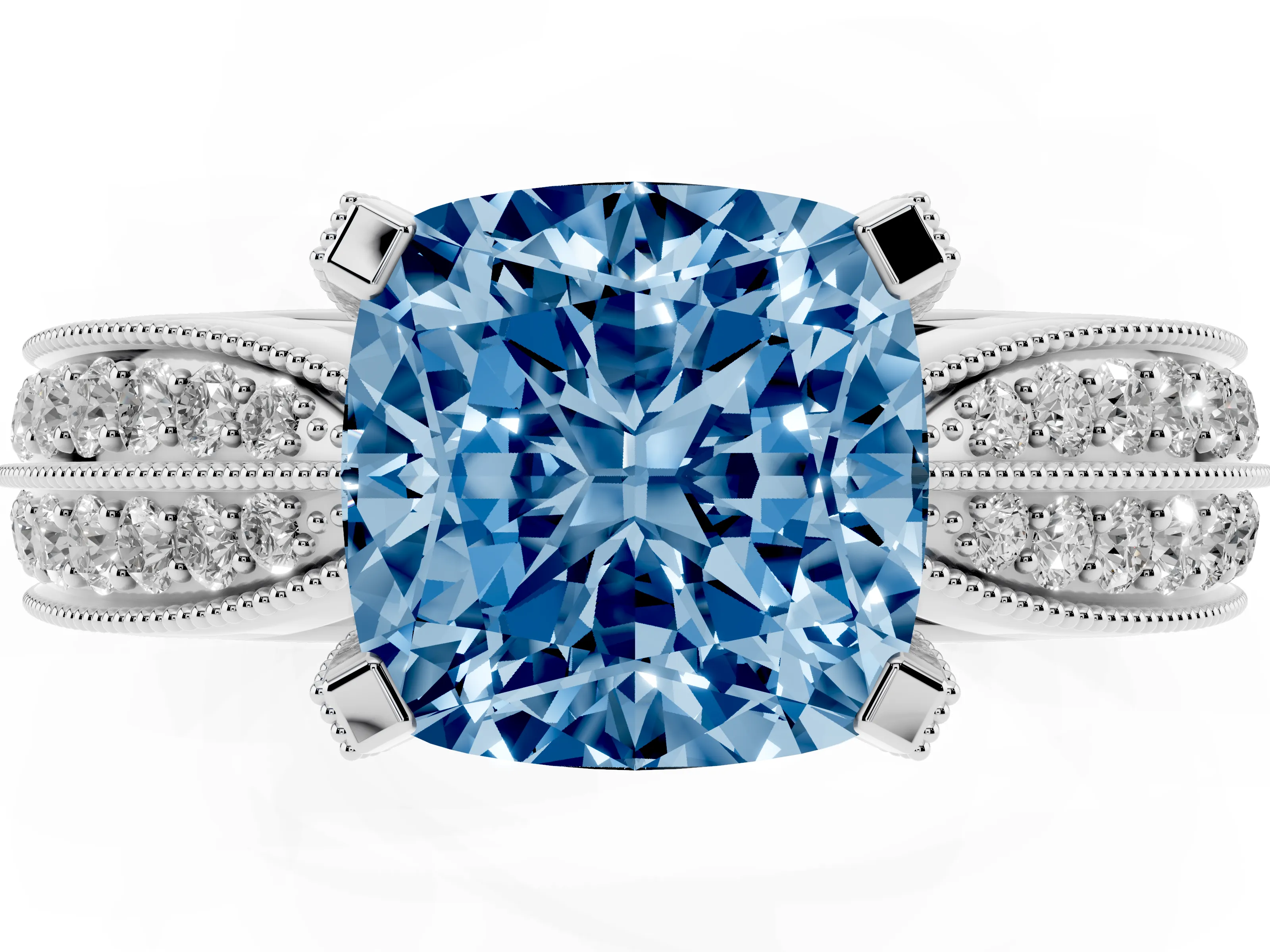 Fancy Blue Cushion Cut Diamond Solitaire Ring Set in White gold with Milgrain Double Row Round Pavé Band