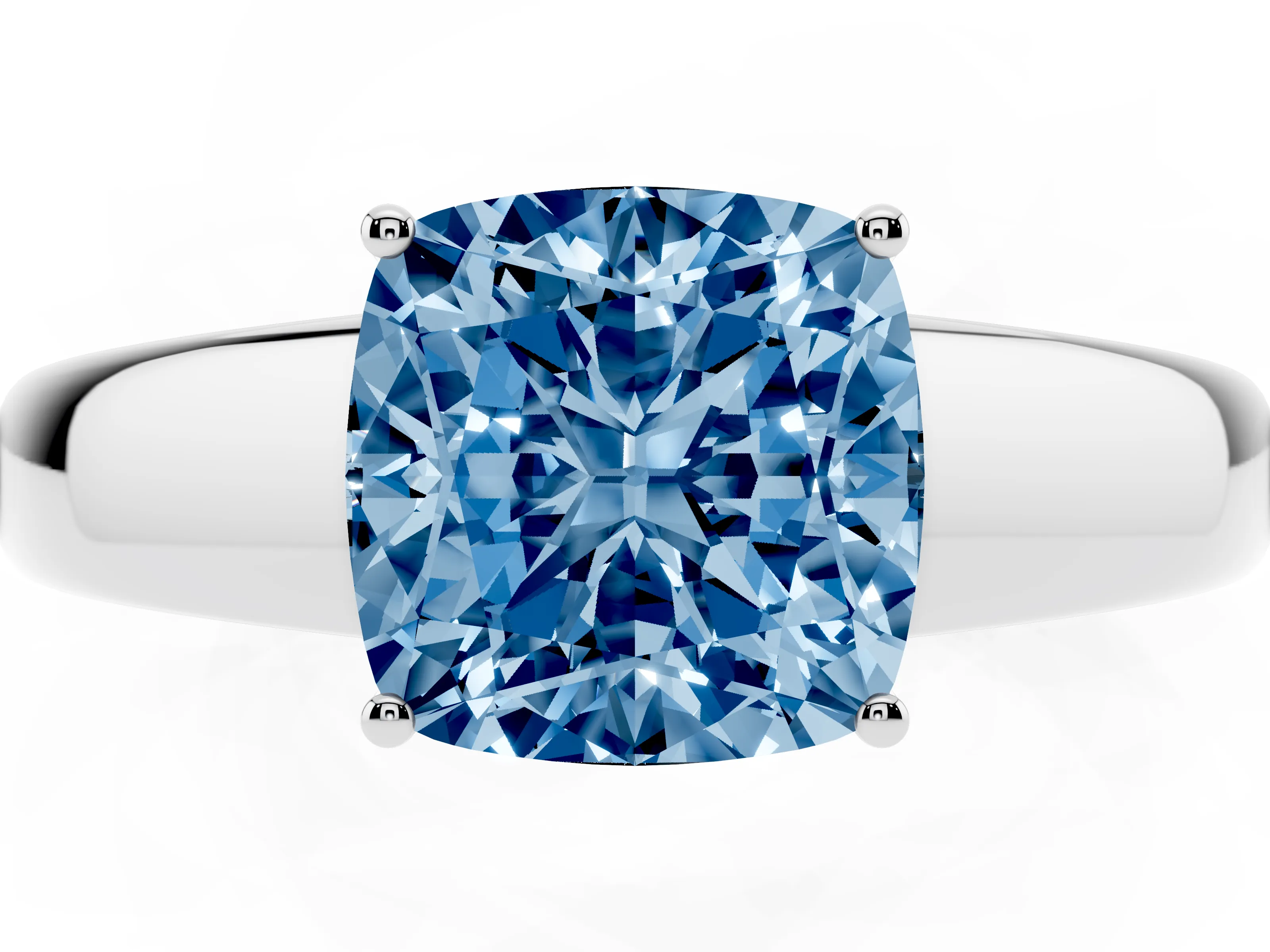 Fancy Blue Cushion Cut Diamond Solitaire Ring Set in White gold with Tapered Band and Prong Setting
