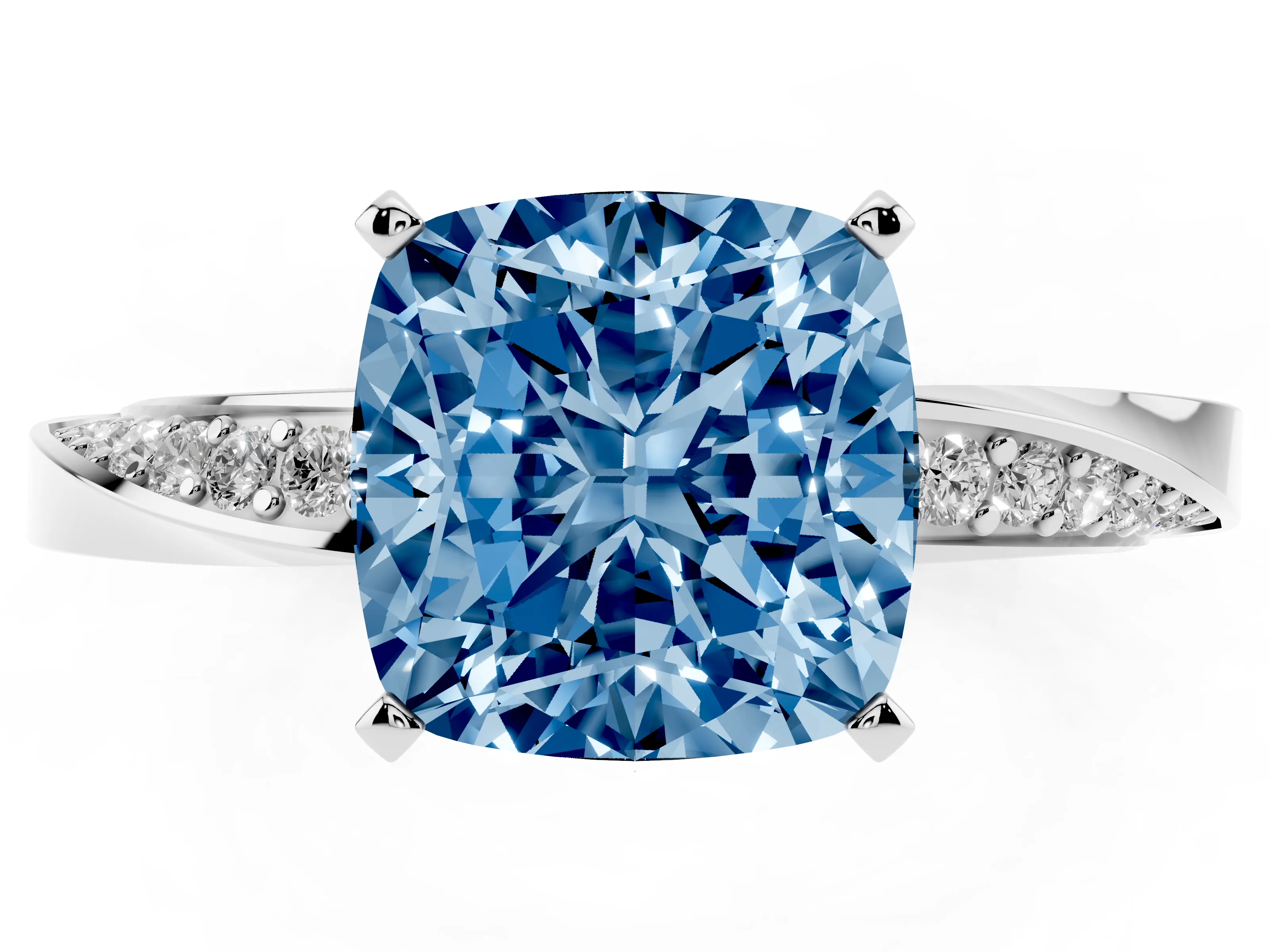 Fancy Blue Cushion Cut Diamond Engagement Ring Set in White gold with Side Stone Accents and Prong Setting