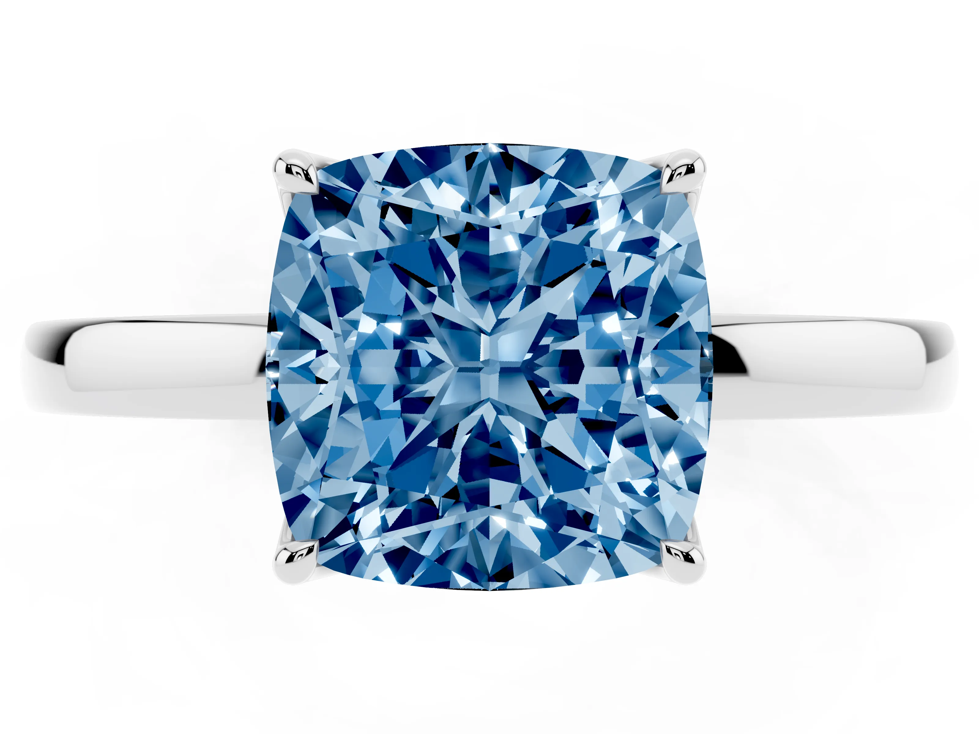 Fancy Blue Cushion Cut Diamond Solitaire Ring Set in White gold with Prong Setting and Thin Polished Band