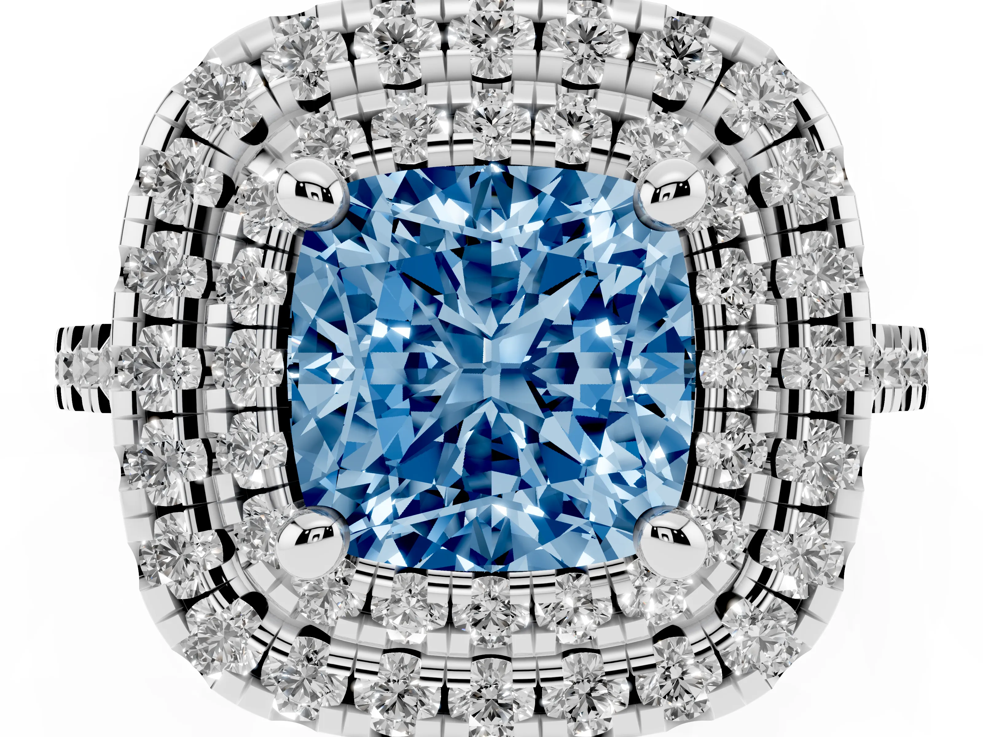 Fancy Blue Cushion Cut Diamond Double Halo Statement Ring Set in Platinum with Pavé Band