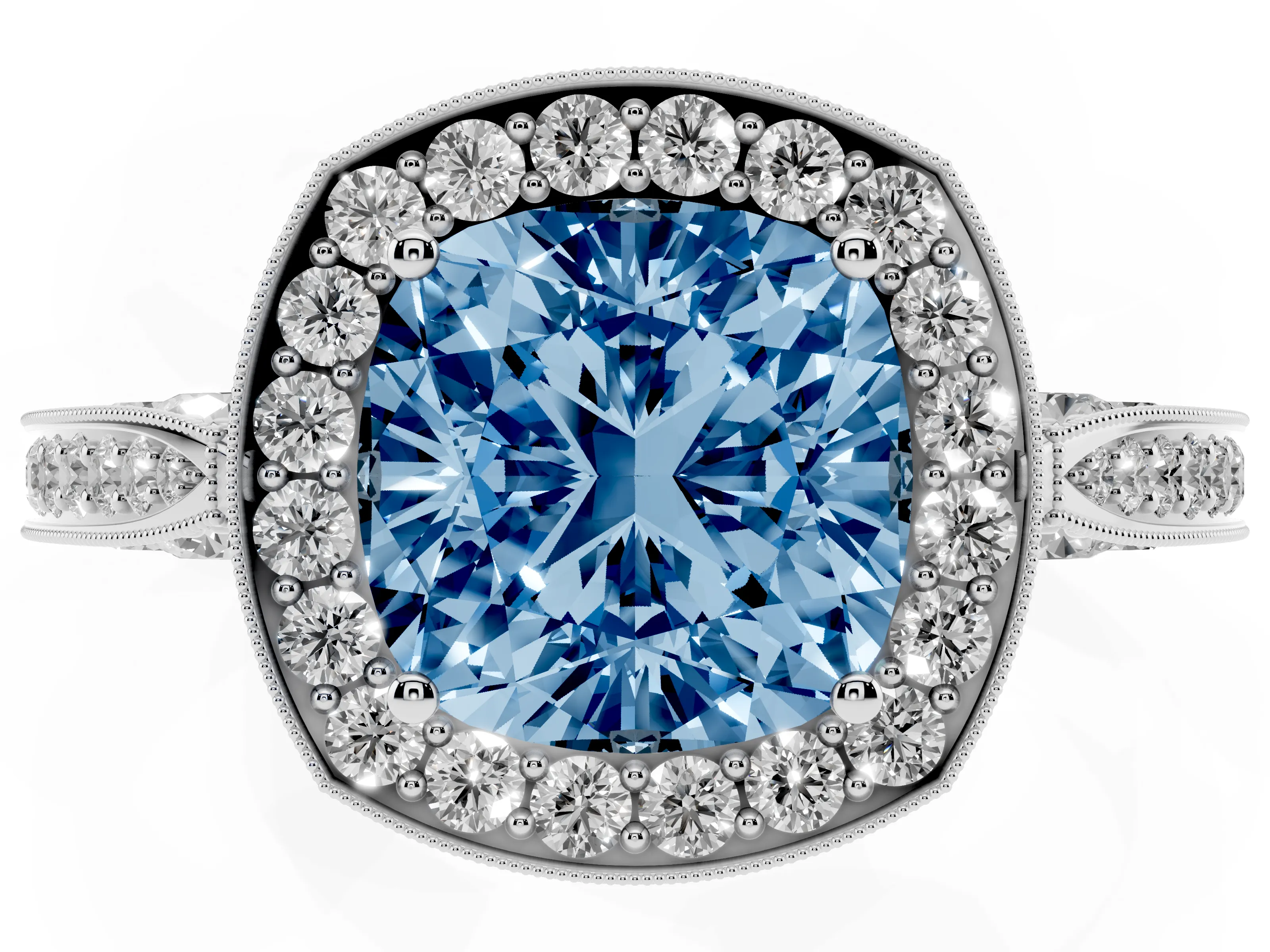 Fancy Blue Cushion Cut Diamond Halo Engagement Ring Set in White gold with Accent Split Shank Band