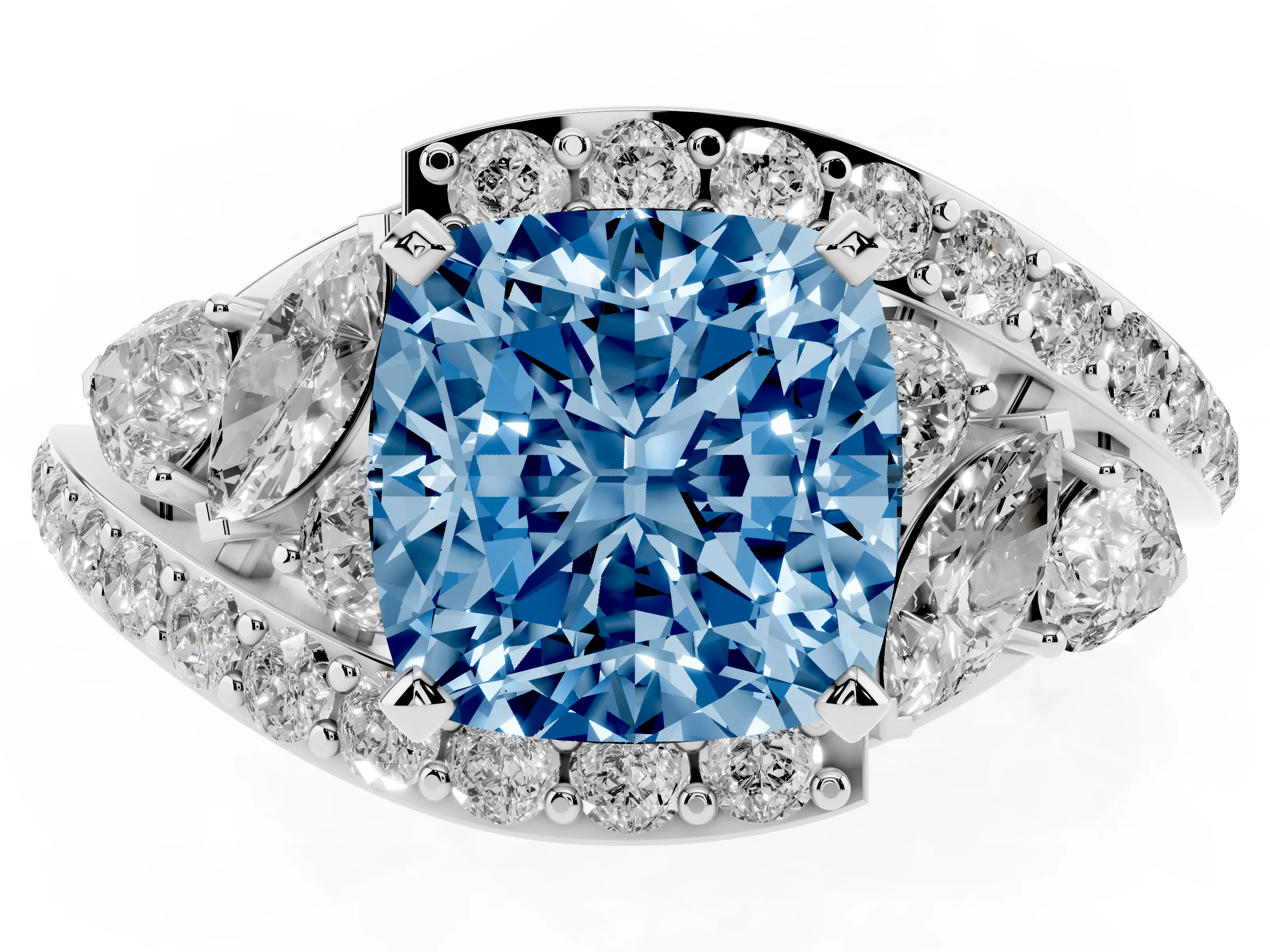 Fancy Blue Cushion Cut Diamond Halo Ring Set in White gold with Marquise and Pavé Band in Prong Setting