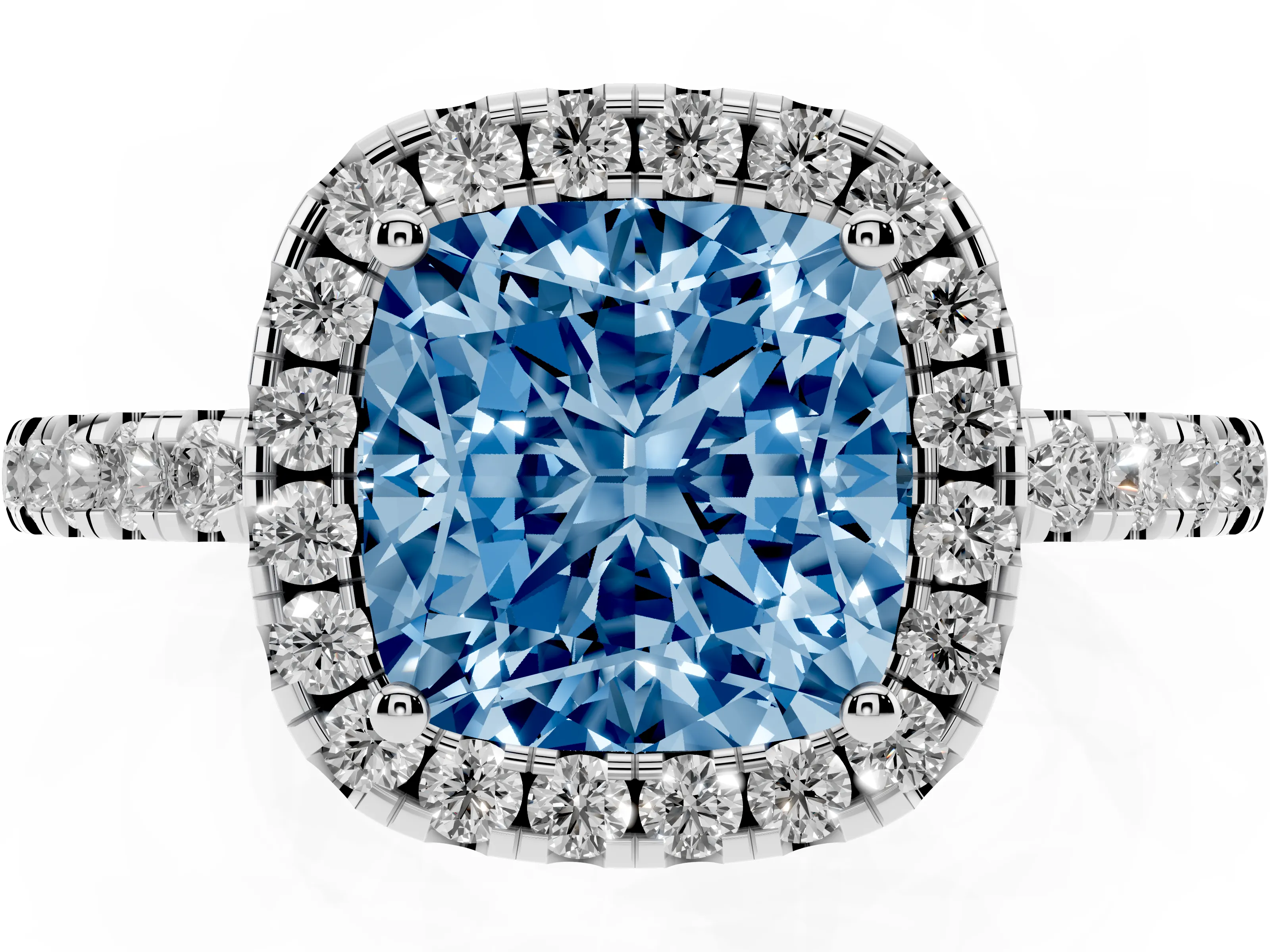 Fancy Blue Cushion Cut Diamond Pavé Band Halo Engagement Ring Set in Platinum with Prong Setting