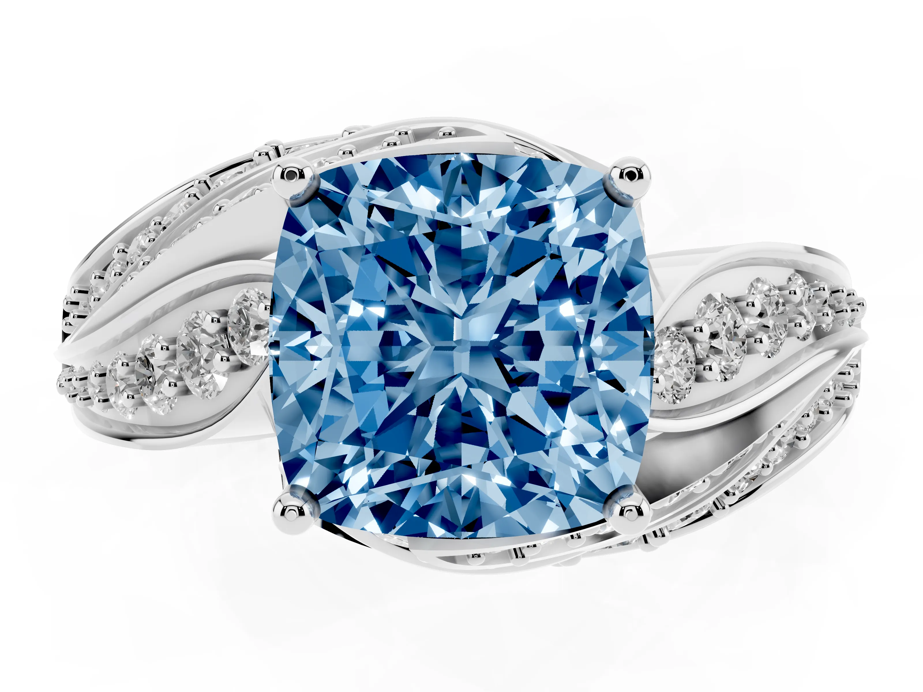 Fancy Blue Cushion Cut Diamond Solitaire Ring Set in Silver with Layered Twist Pavé Band