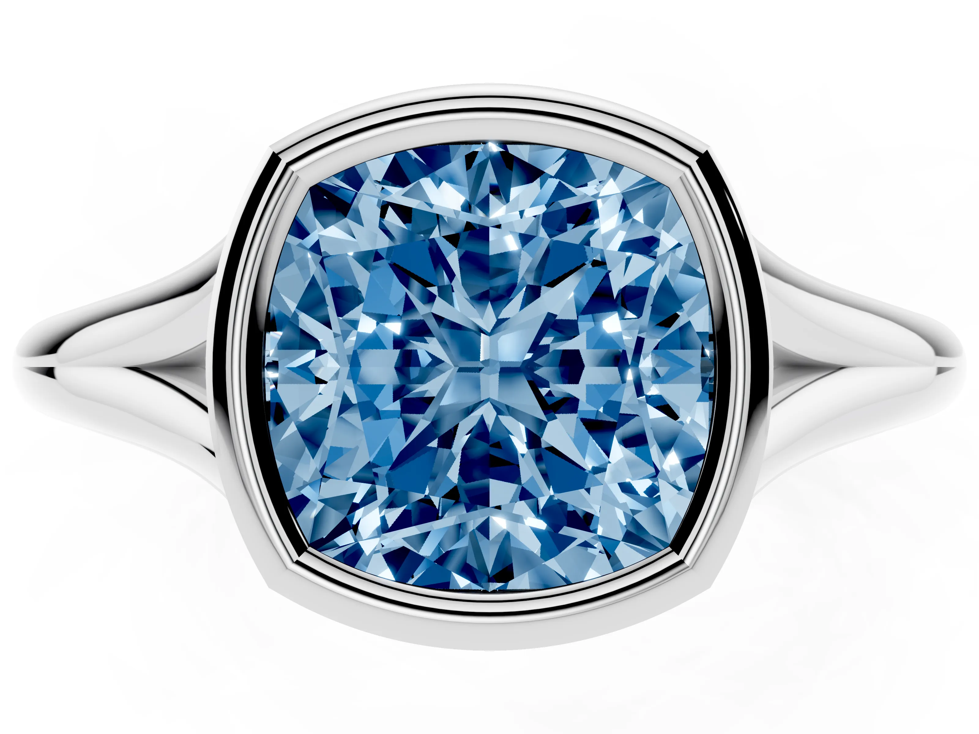 Fancy Blue Bezel Set Cushion Cut Diamond Solitaire Ring Set in Silver with Tapered Band