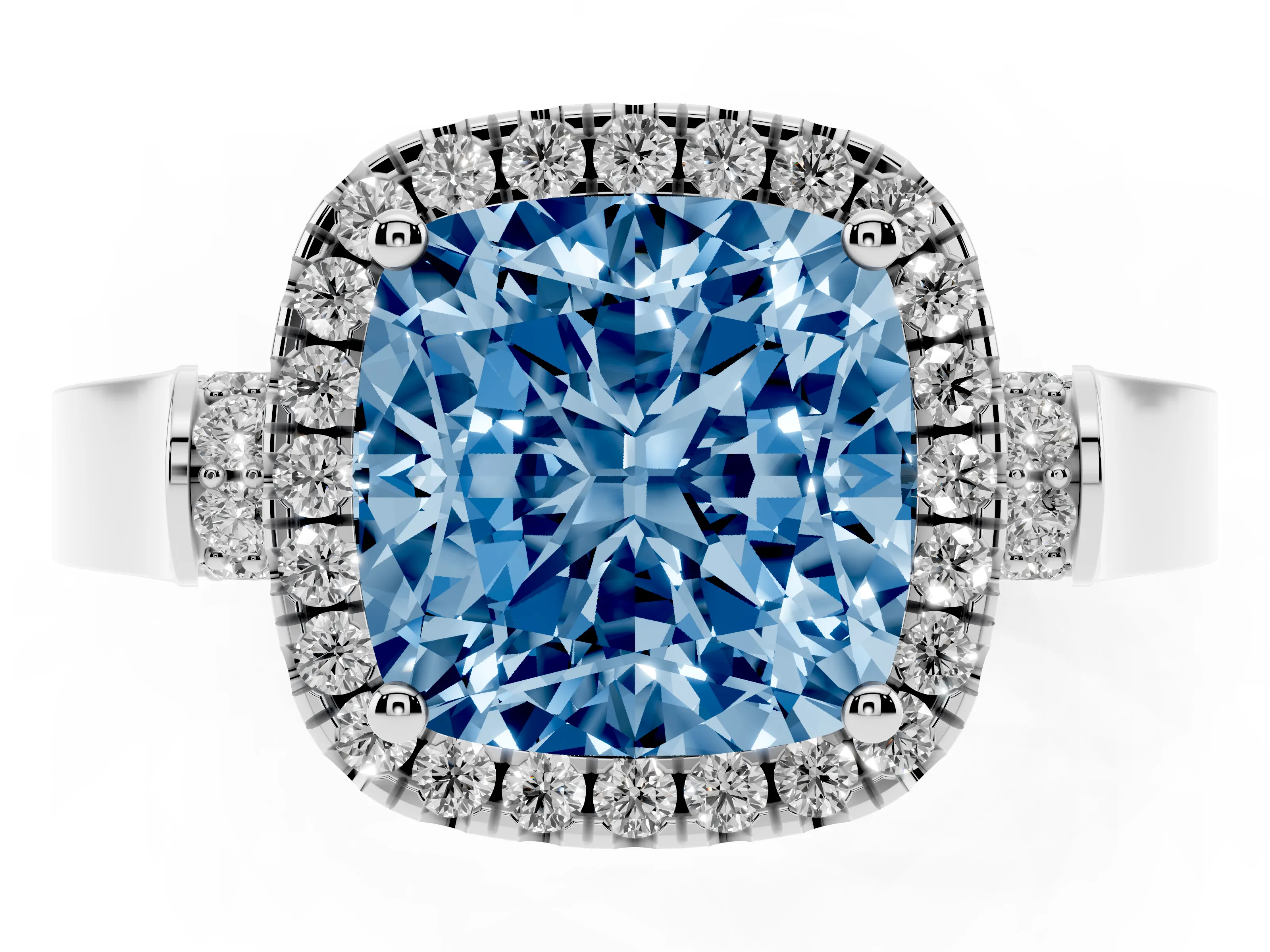 Fancy Blue Cushion Cut Diamond Halo Ring Set in Platinum with Pavé-Lined Split Shank Band