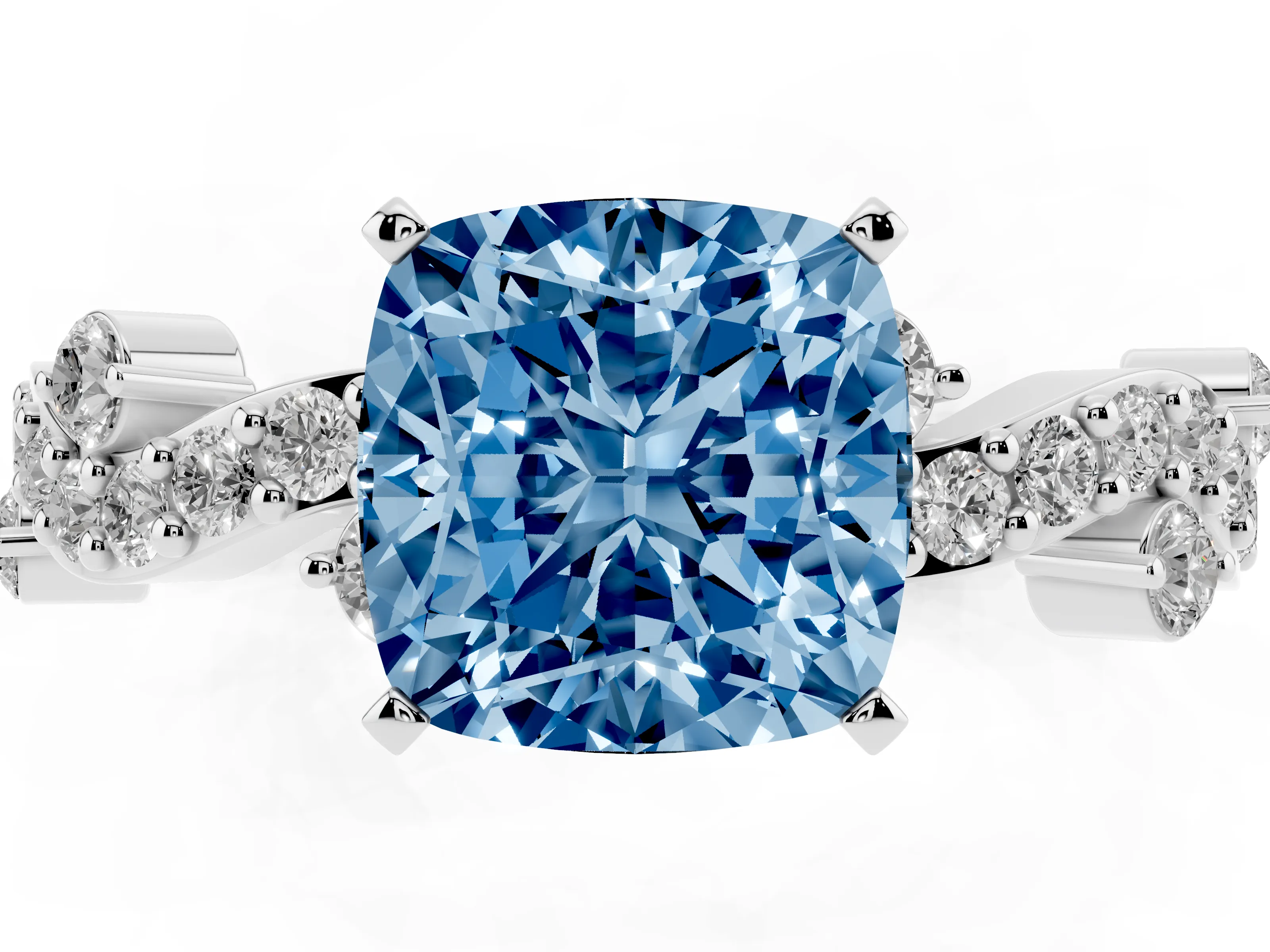 Fancy Blue Cushion Cut Diamond Solitaire Twisted Band Set in White gold with Pavé Setting