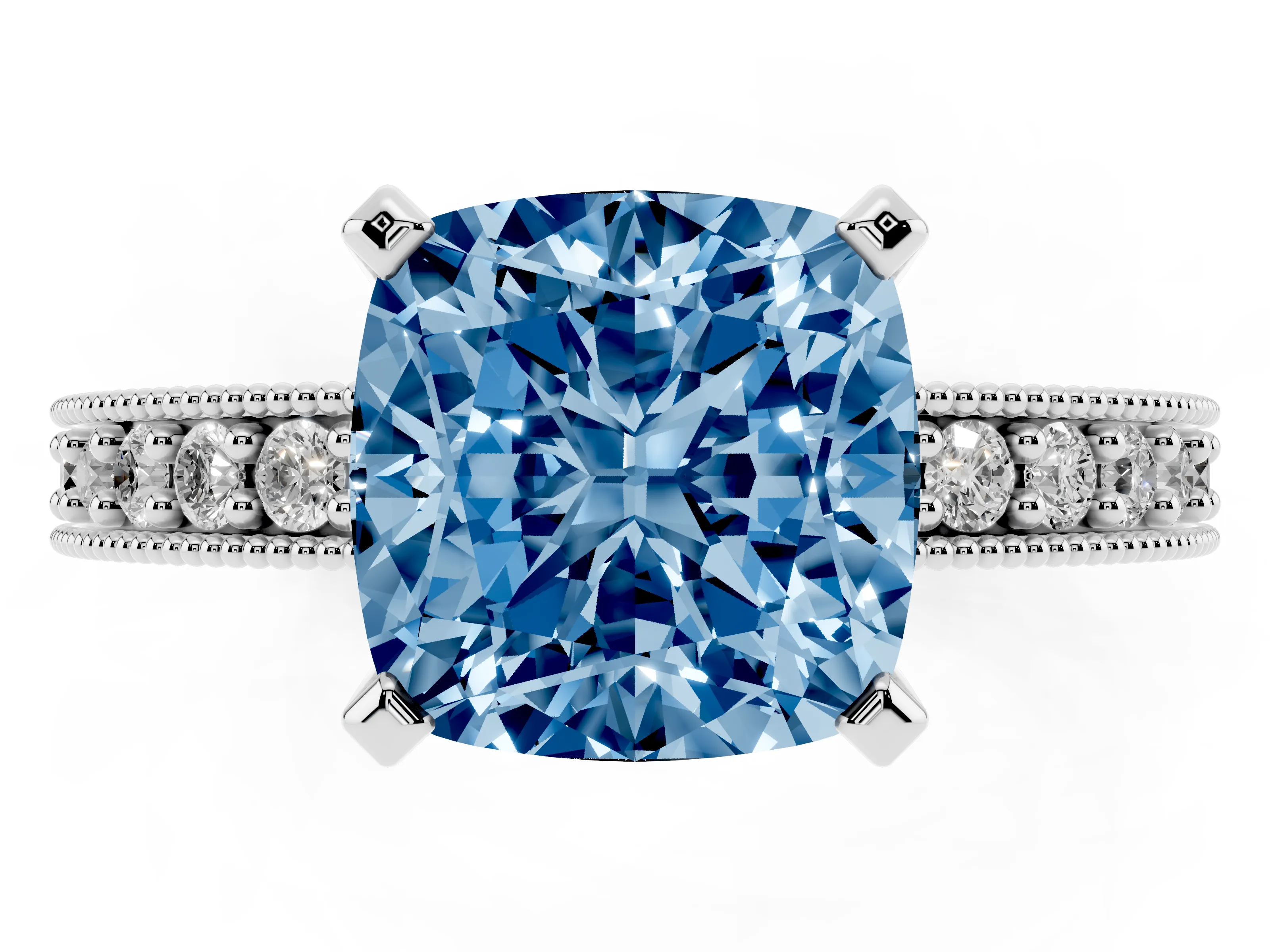 Fancy Blue Cushion Cut Diamond Milgrain Pavé Engagement Ring Set in White gold with Prong Setting