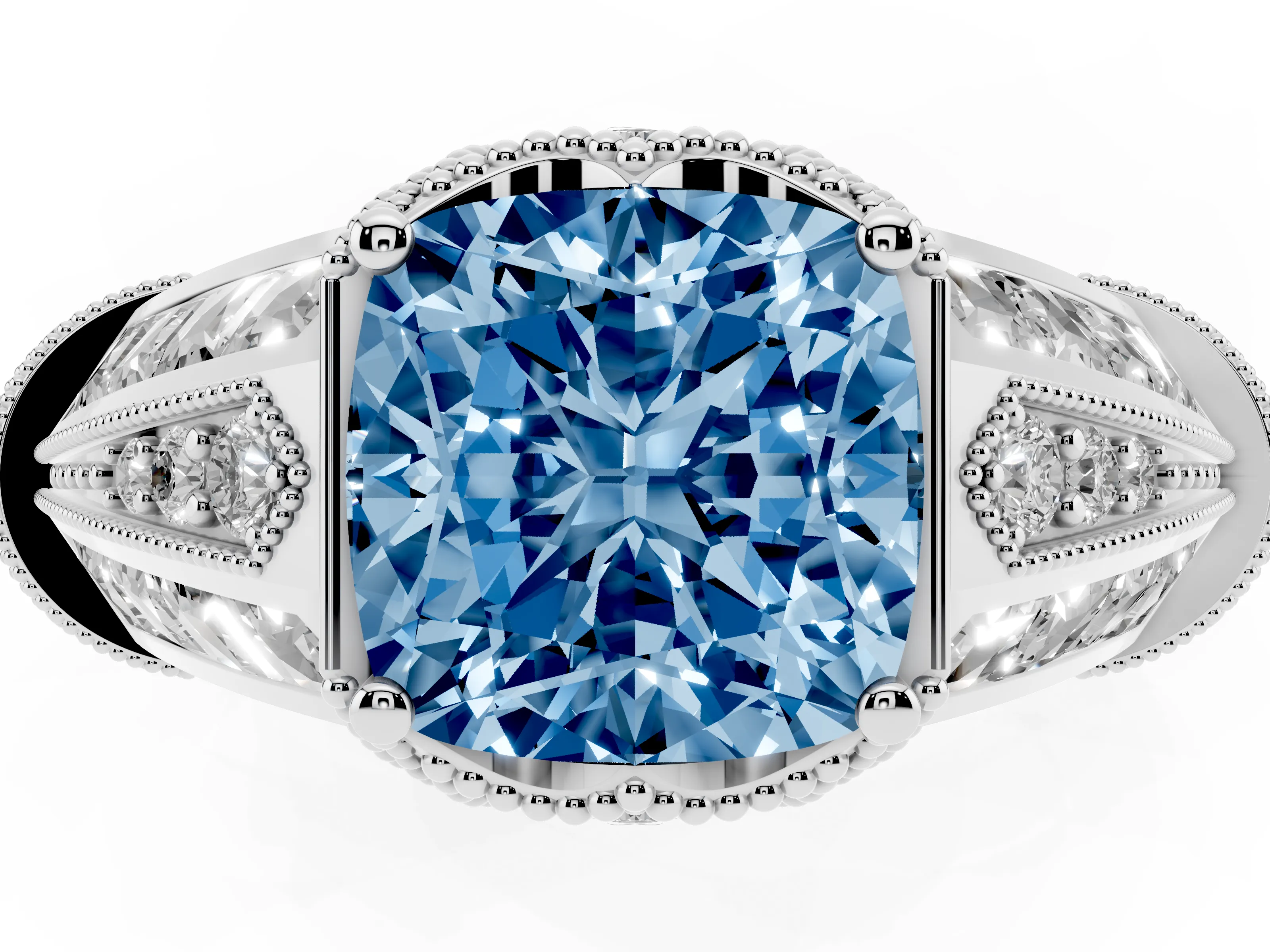 Fancy Blue Cushion Cut Diamond Vintage-Inspired Milgrain Ring Set in Silver with Accent Split Shank