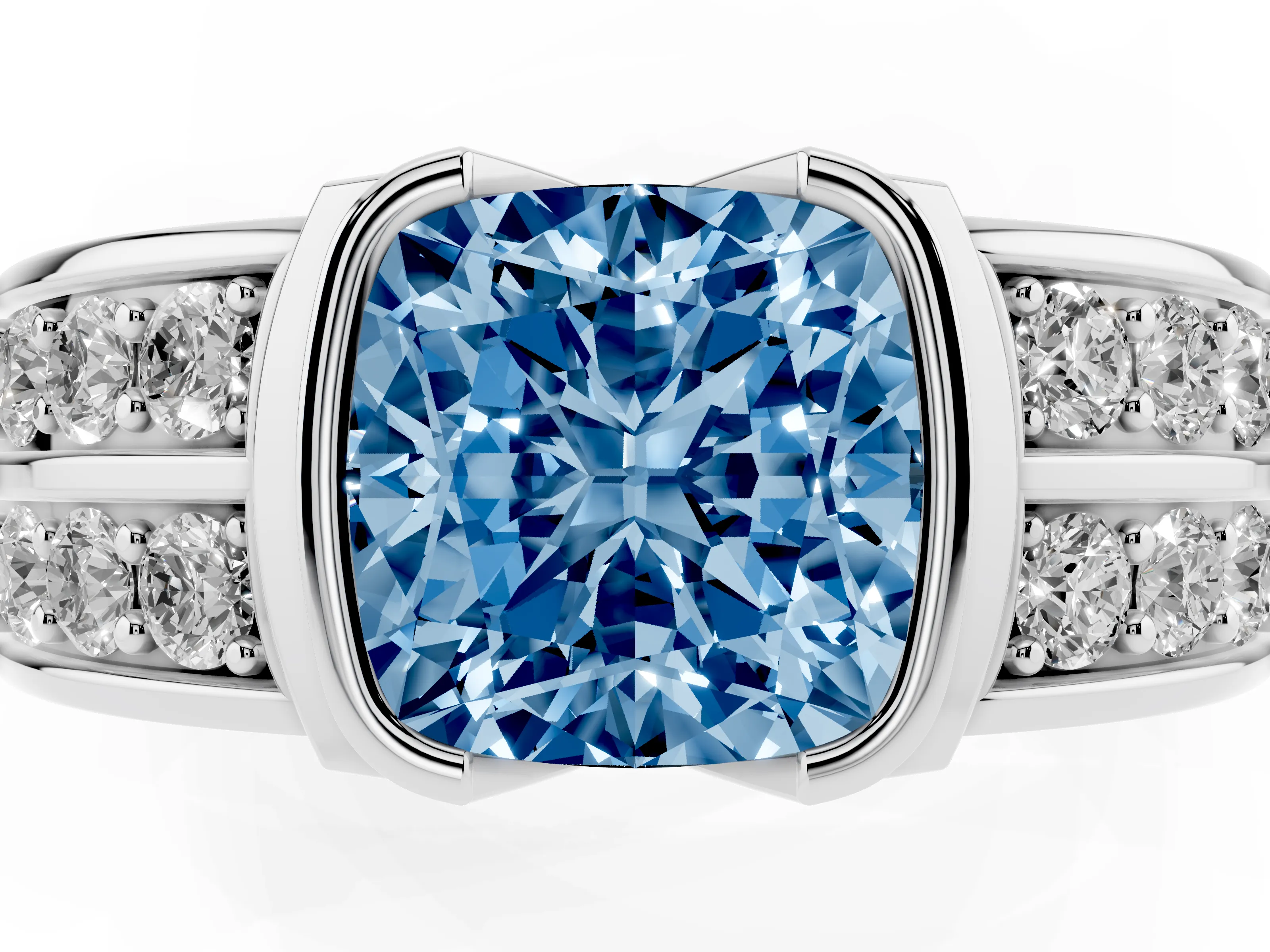 Fancy Blue Cushion Cut Diamond Wide Channel Set Band Ring Set in Platinum with Bezel Setting
