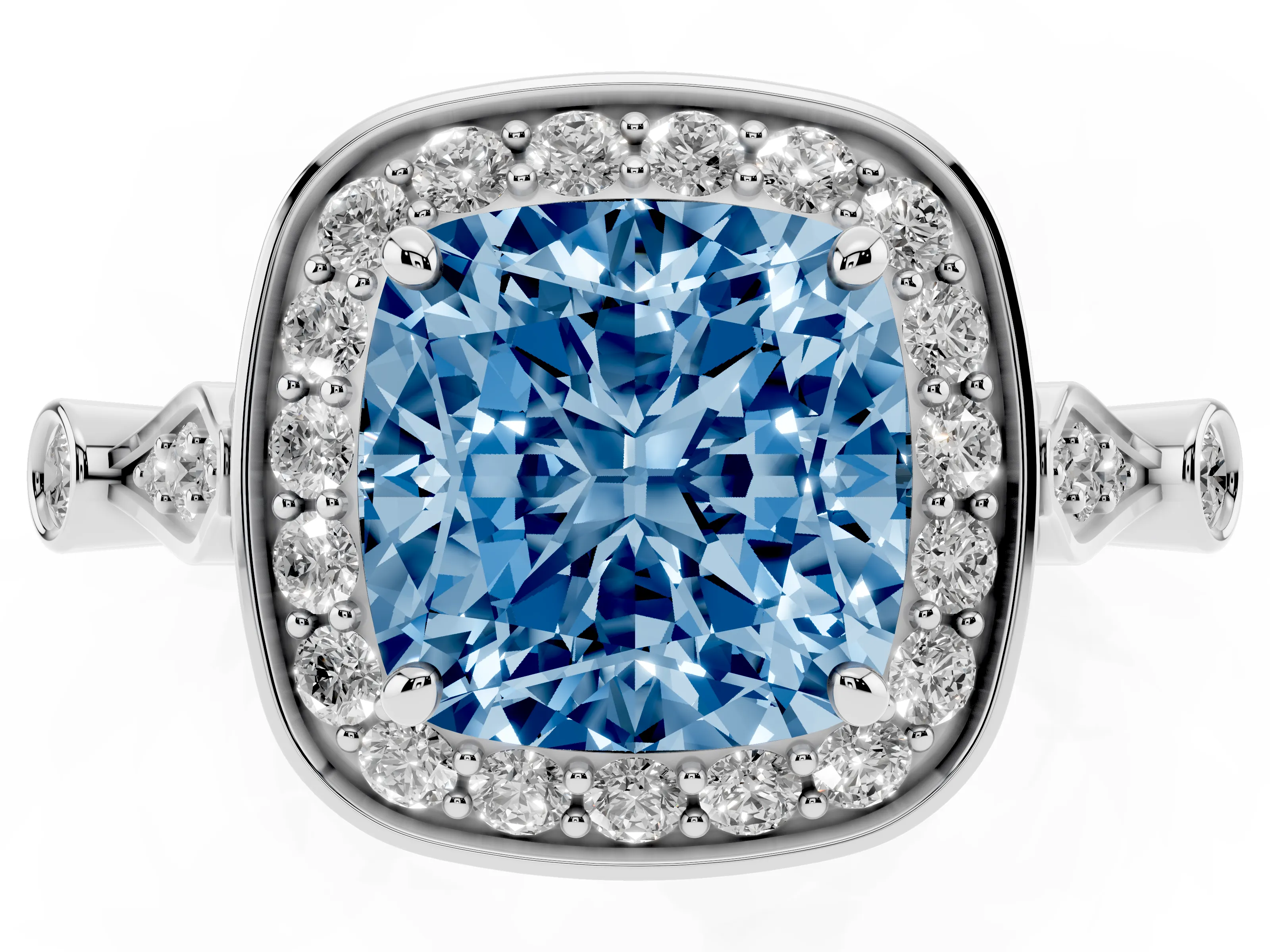 Fancy Blue Cushion Cut Diamond Halo Engagement Ring Set in Platinum with Twisted Band and Prong Setting