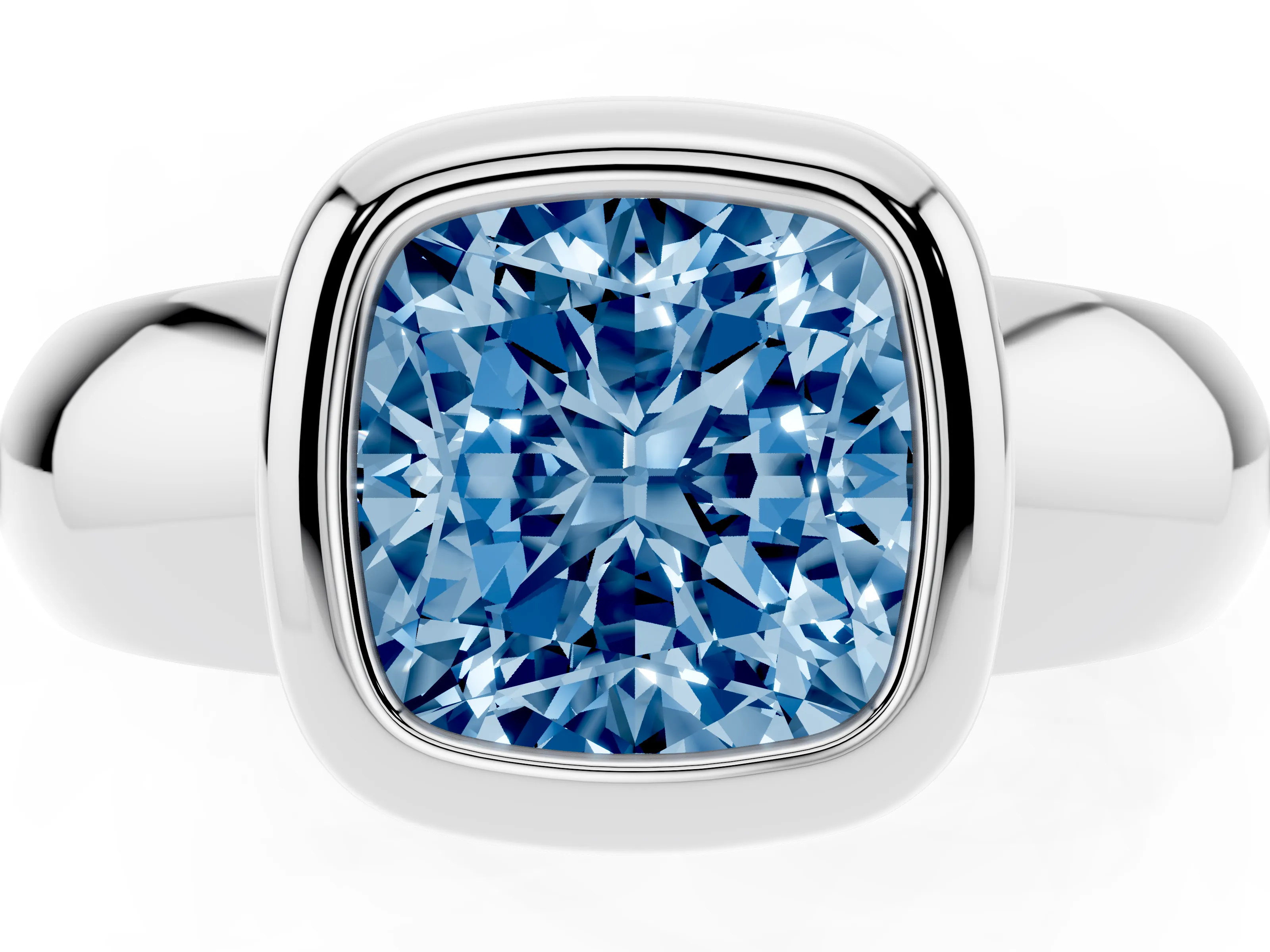Fancy Blue Bezel Set Cushion Cut Diamond Solitaire Ring Set in Platinum with Wide Band
