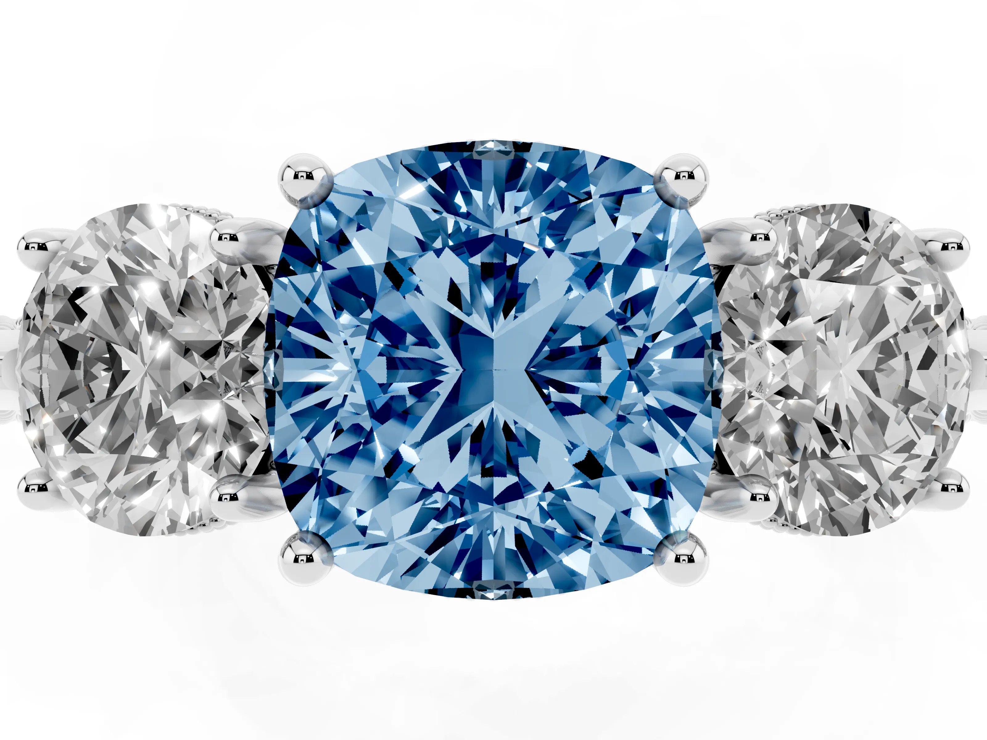 Fancy Blue Cushion Cut Diamond Three-Stone Ring Set in Silver with Milgrain Band