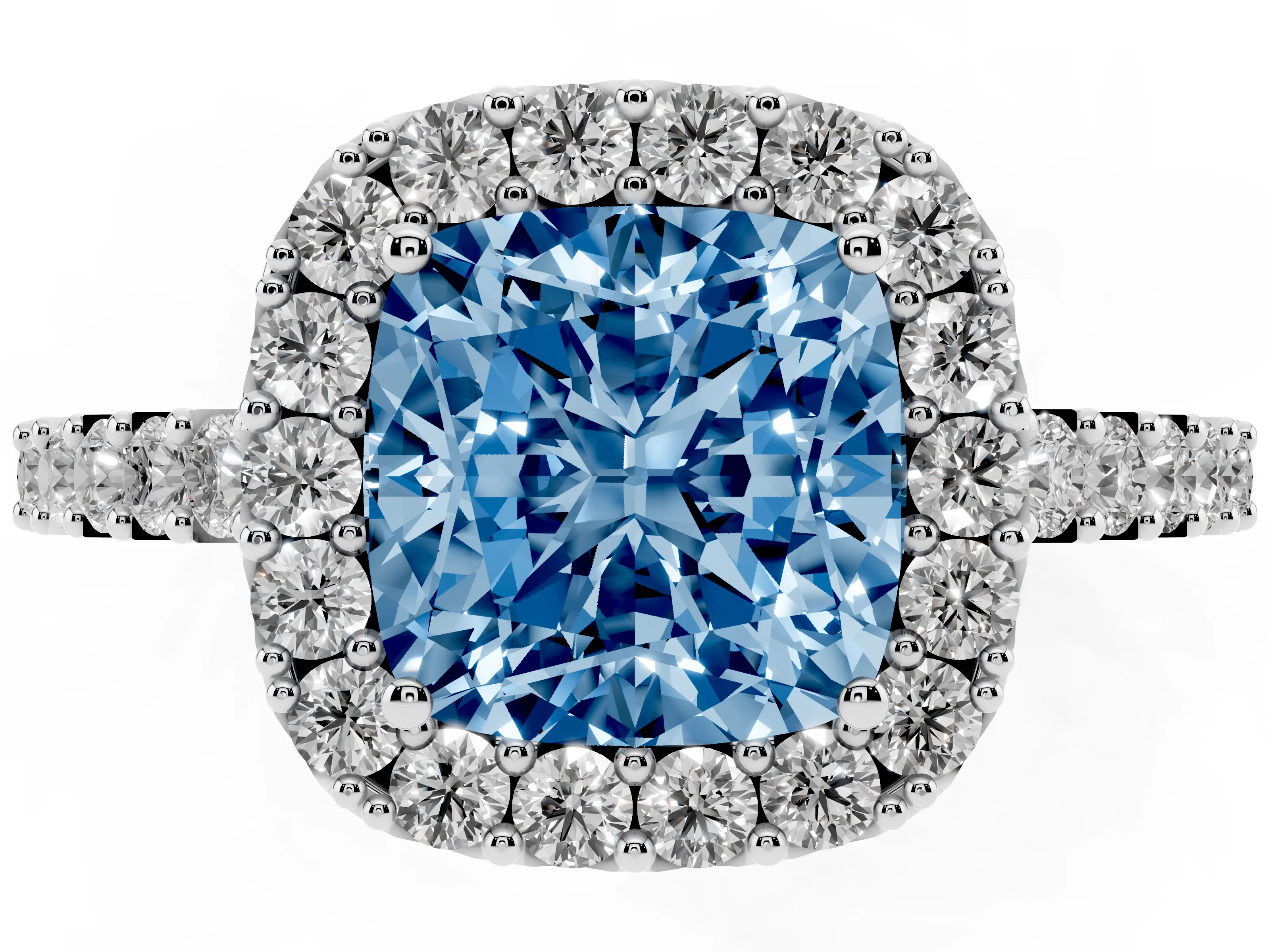 Fancy Blue Cushion Cut Diamond Halo Pavé Solitaire Ring Set in Platinum with Prong-Set Center Stone