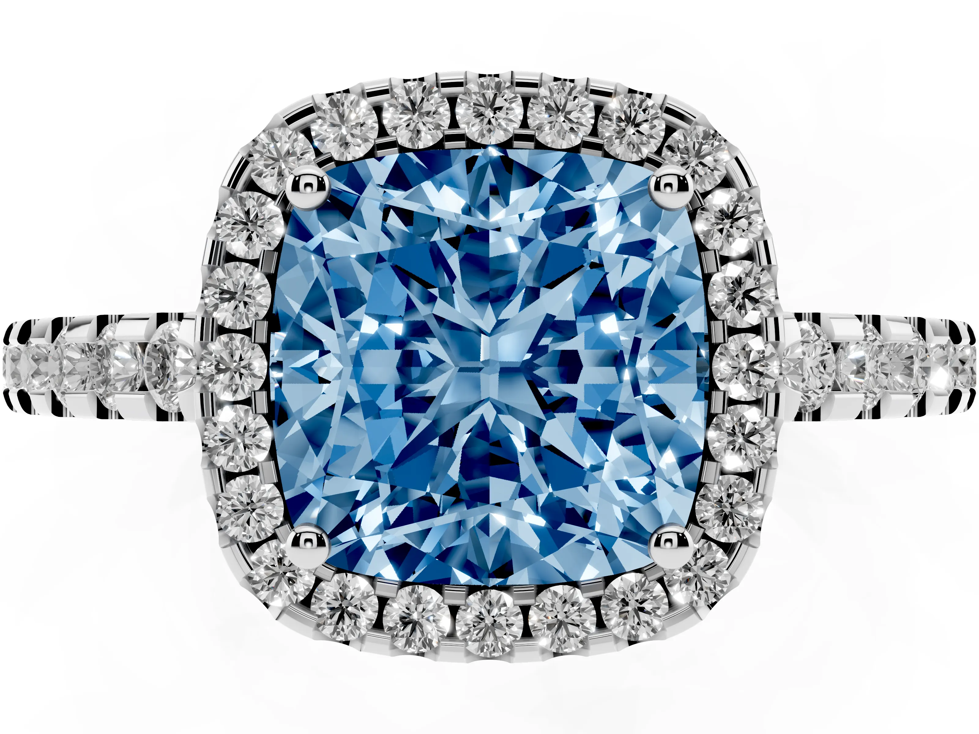 Fancy Blue Cushion Cut Diamond Halo Ring Set in Platinum with Pavé Shoulders and Halo-Framed Center