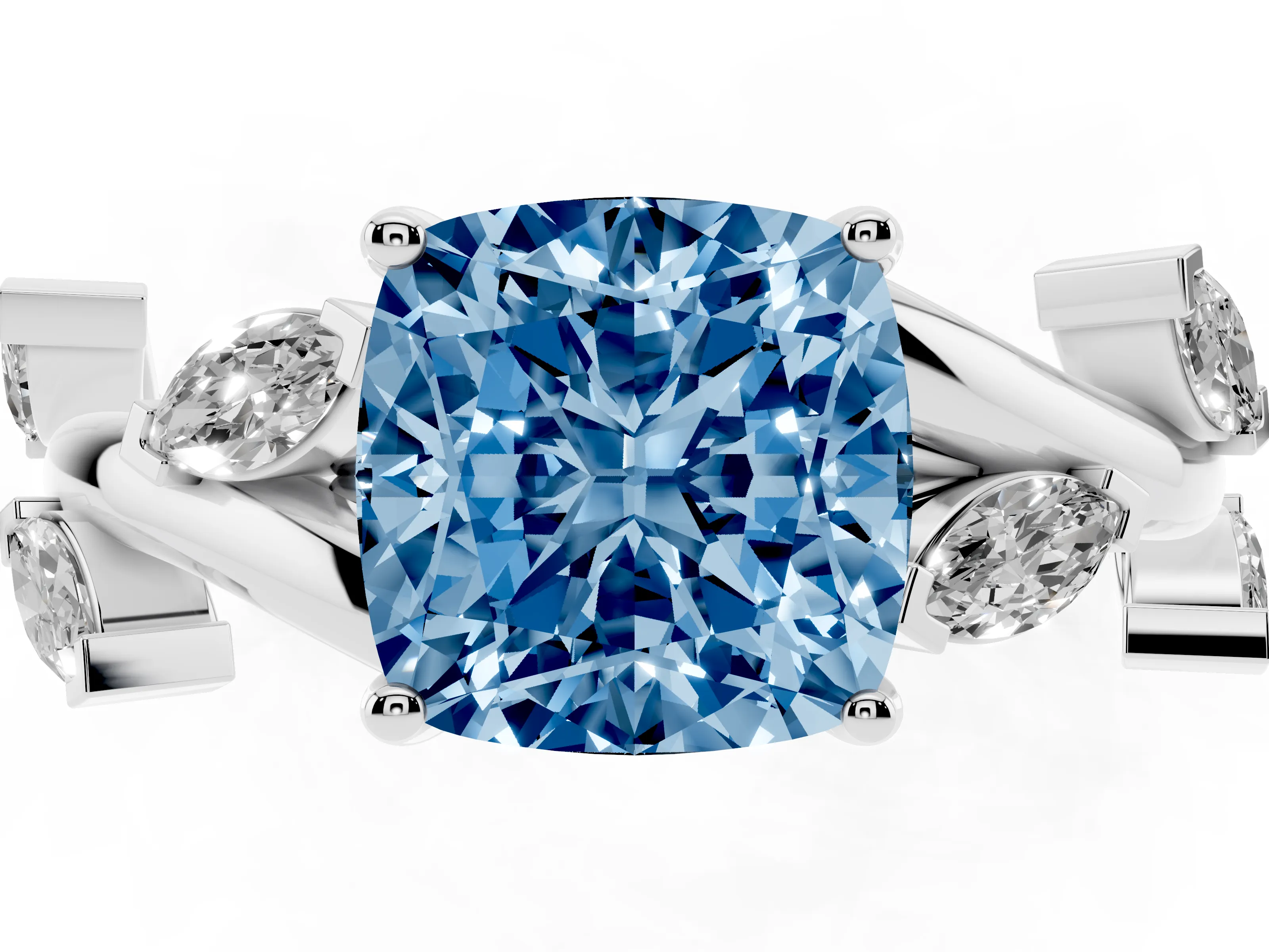 Fancy Blue Cushion Cut Diamond Solitaire Ring Set in White gold with Twisted Marquise Accent Band