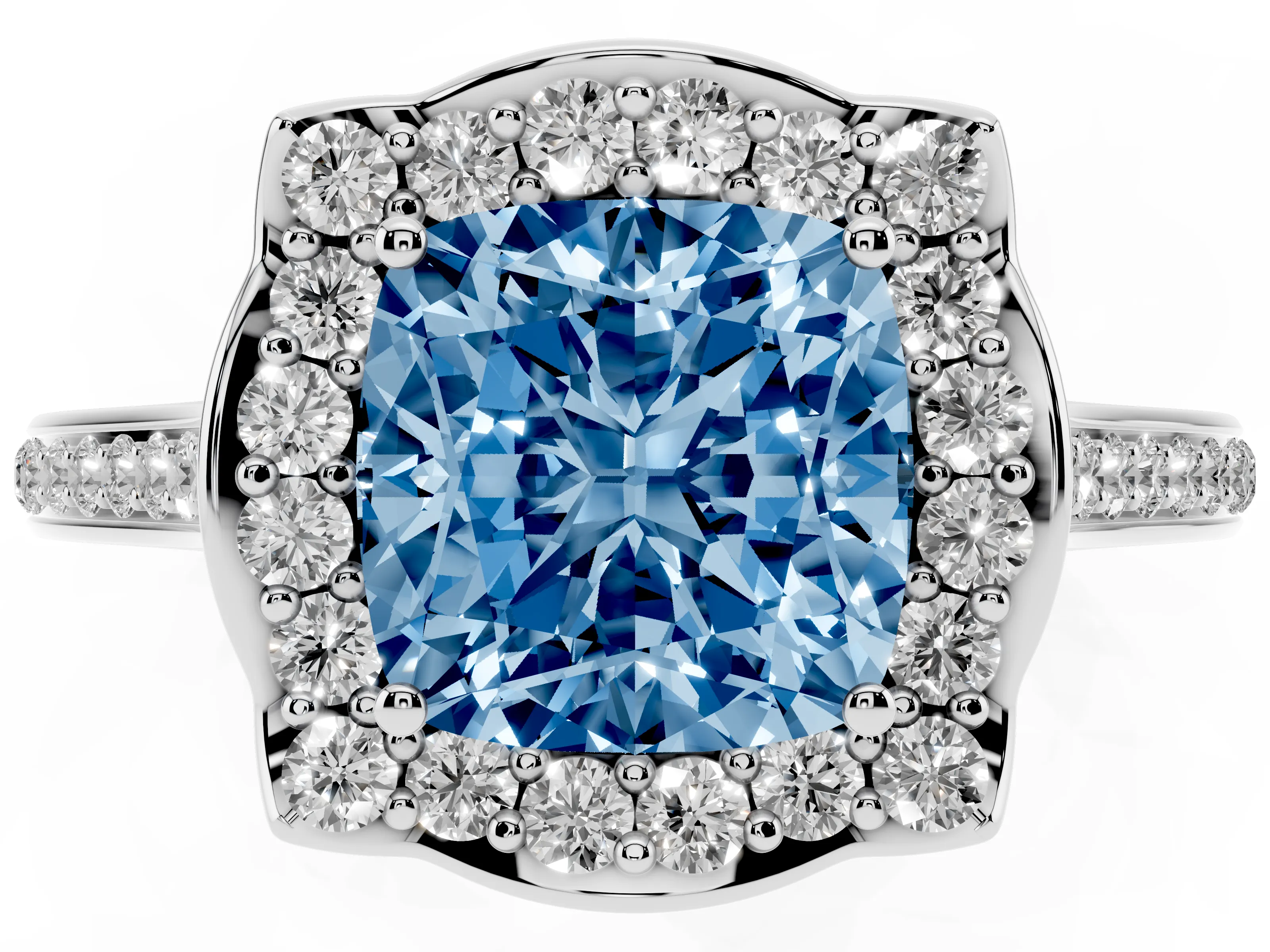 Fancy Blue Cushion Cut Diamond Halo Ring Set in Platinum with Pavé-Lined Shoulders and Prong Setting