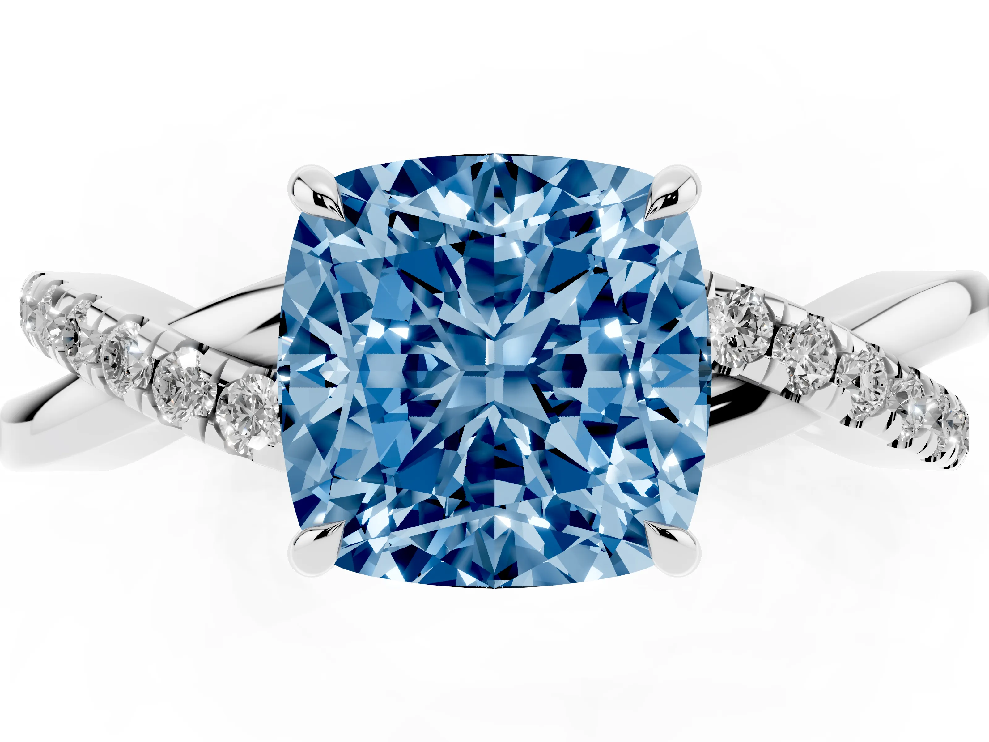 Fancy Blue Cushion Cut Diamond Twisted Pavé Band Ring Set in Silver with Prong Setting