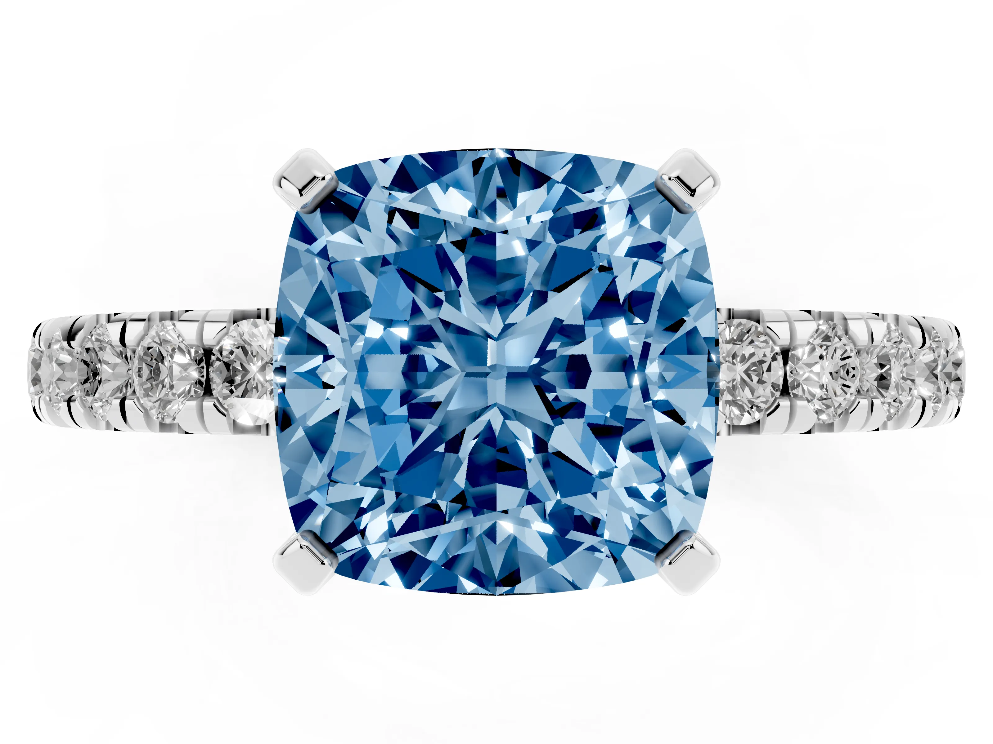 Fancy Blue Cushion Cut Diamond Pavé Solitaire Ring Set in Platinum with Round Band and Prong Setting