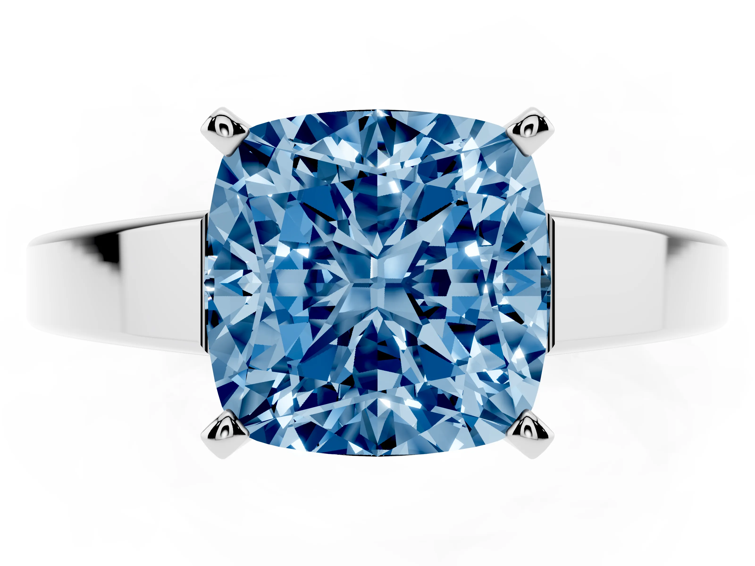 Fancy Blue Cushion Cut Diamond Solitaire Engagement Ring Set in White gold with Prong Setting and Tapered Band