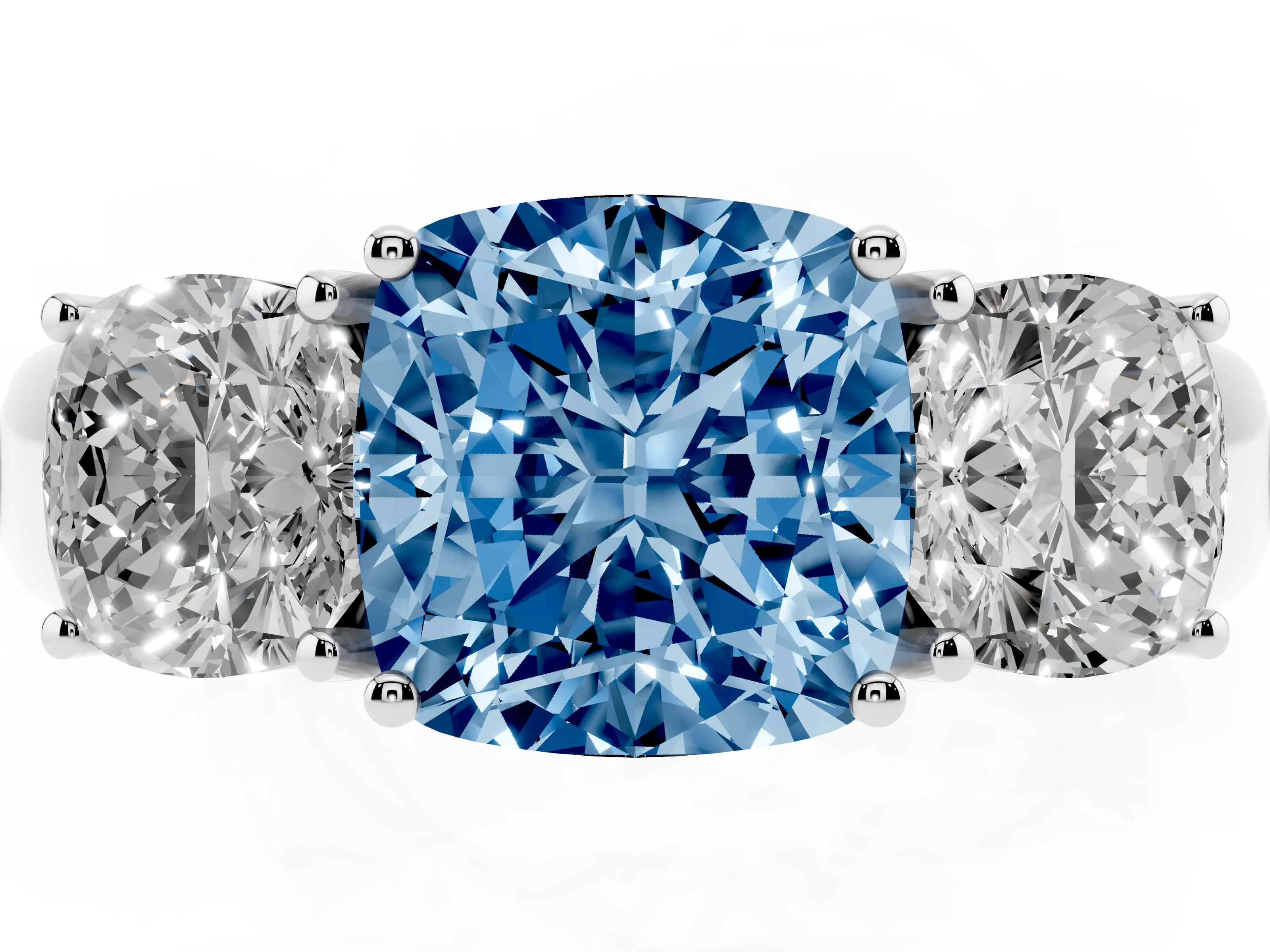 Fancy Blue Three-Stone Cushion Cut Diamond Ring Set in Silver with Matching Prong Settings and Plain Band